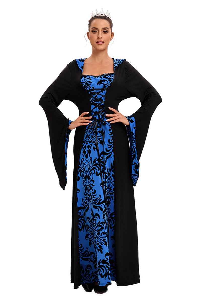Medieval Hooded Swing Dress Costume Printed Retro Long Sleeves