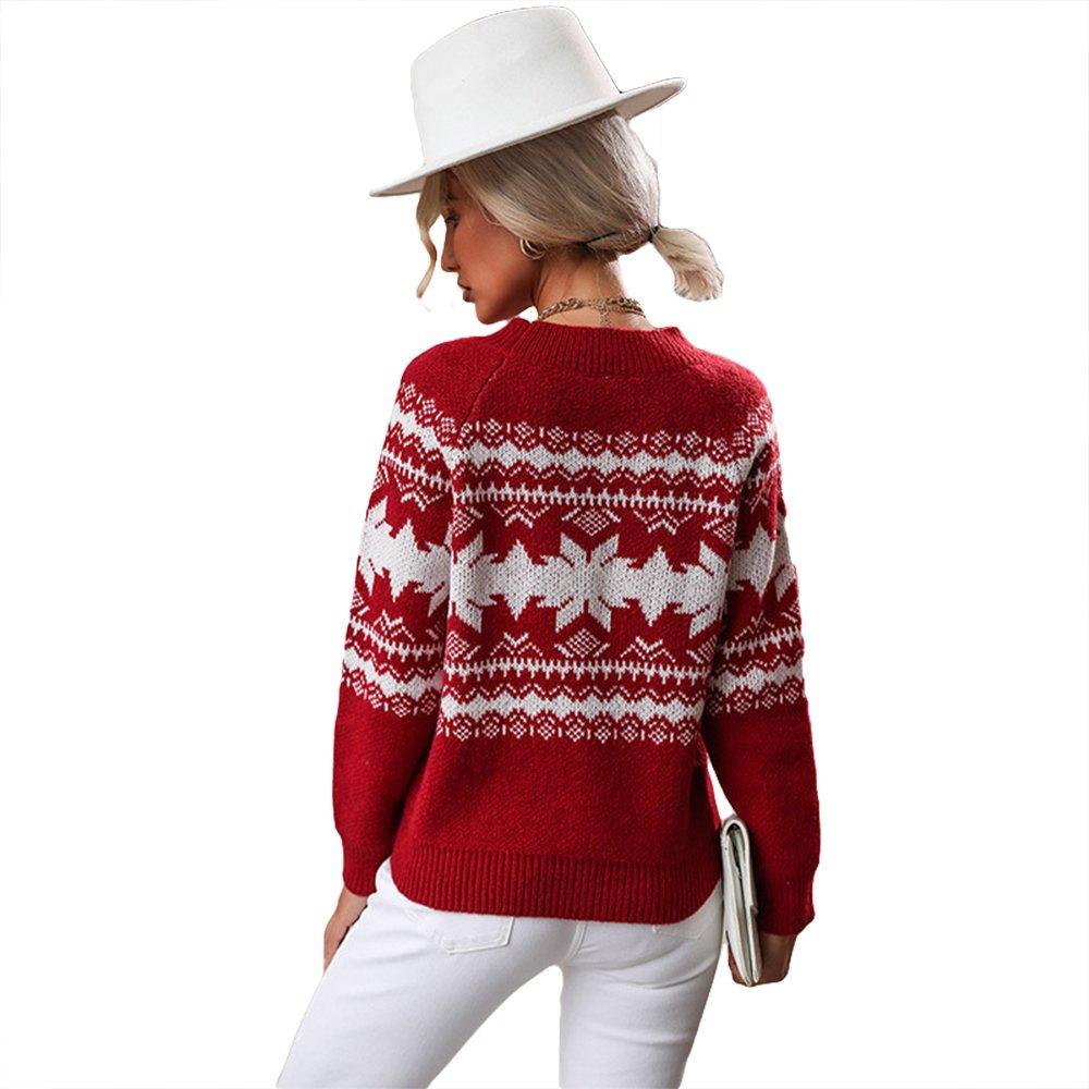 Women Ugly Christmas Sweaters Round Neck Red Knitted Christmas Snowflake Top