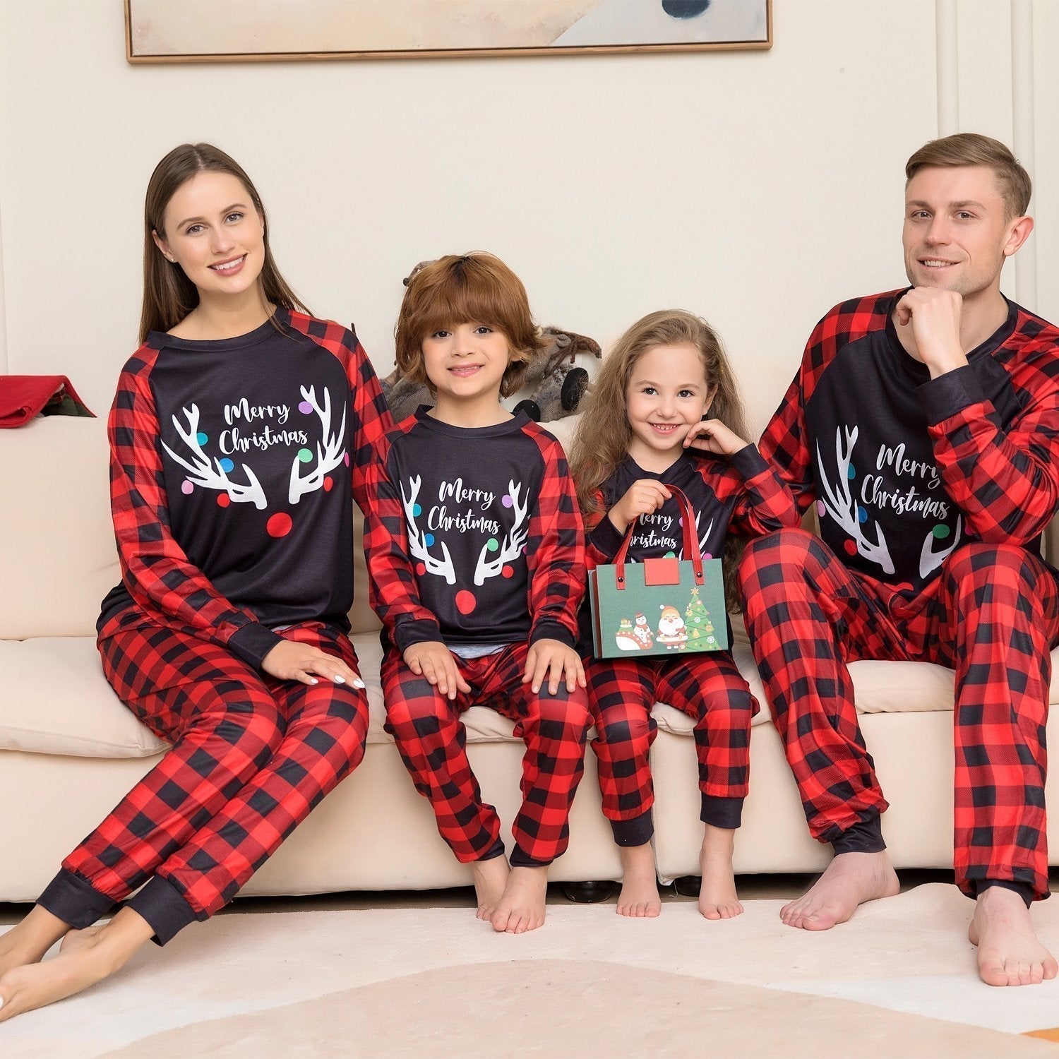 Christmas Deer Antler Print Plaid Family Couples Matching Pajamas Party Set - ciclove