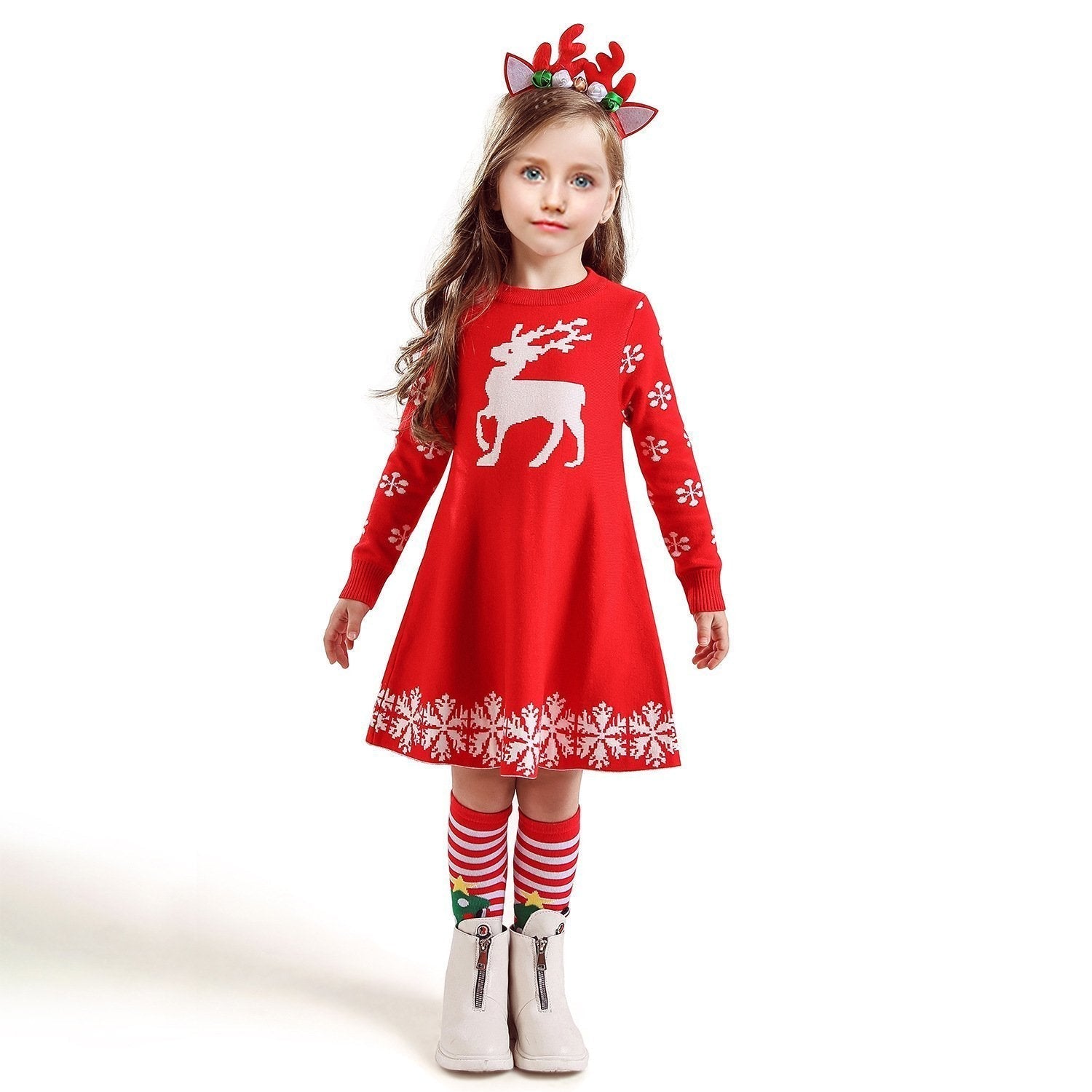 Christmas Dress for Girls Deer Snowflake Printed Sweater Winter Skirt