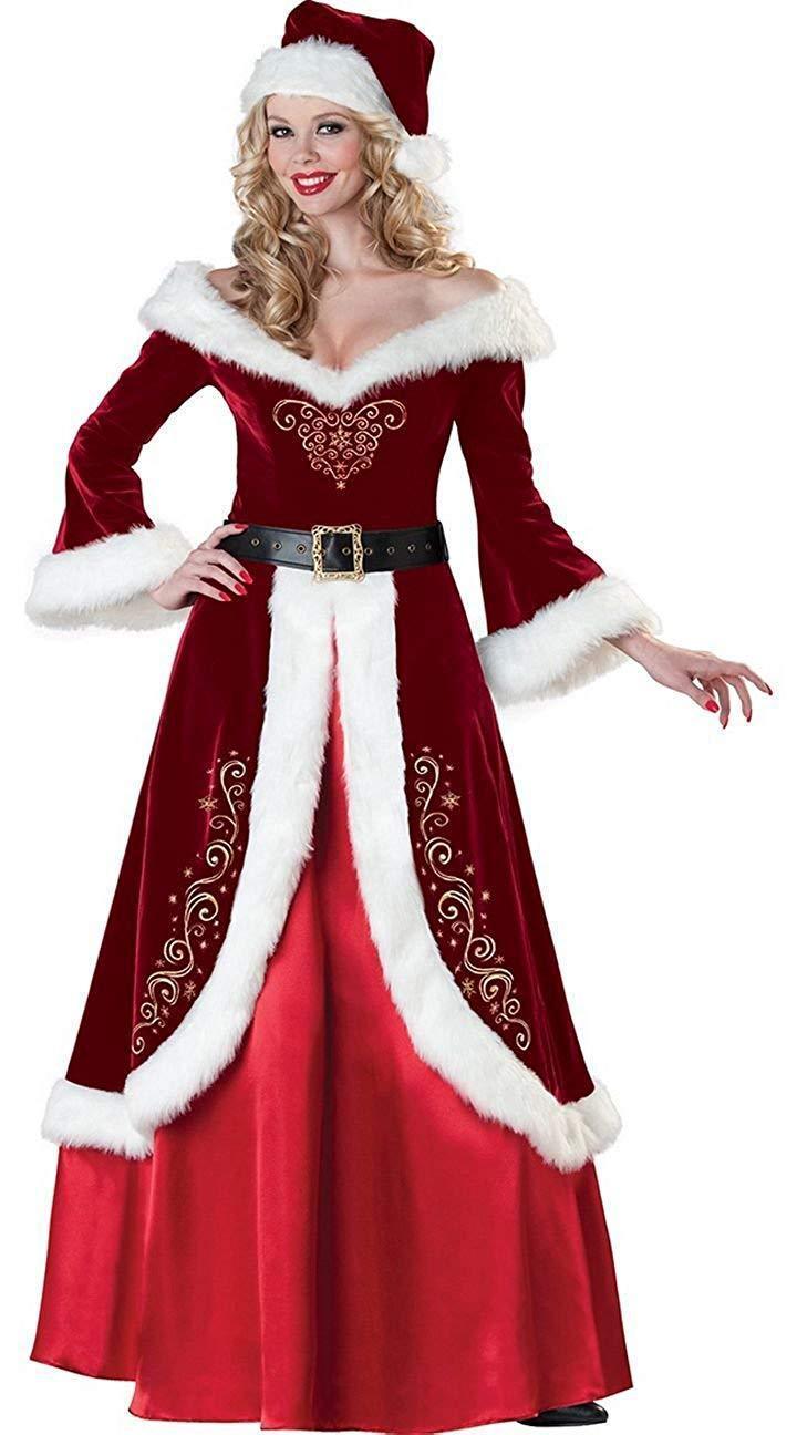Men Women Luxurious Adult Velvet Christmas Santa Claus Costume Outfit