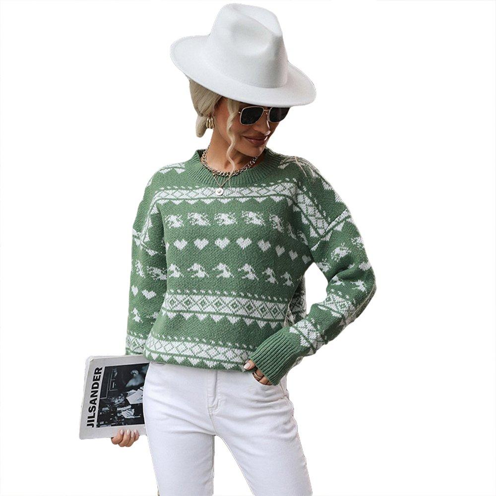 Women Ugly Christmas Sweaters Green Round Neck Pullover Jacquard Top