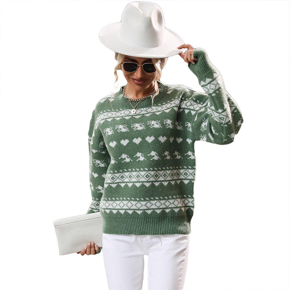 Women Ugly Christmas Sweaters Green Round Neck Pullover Jacquard Top