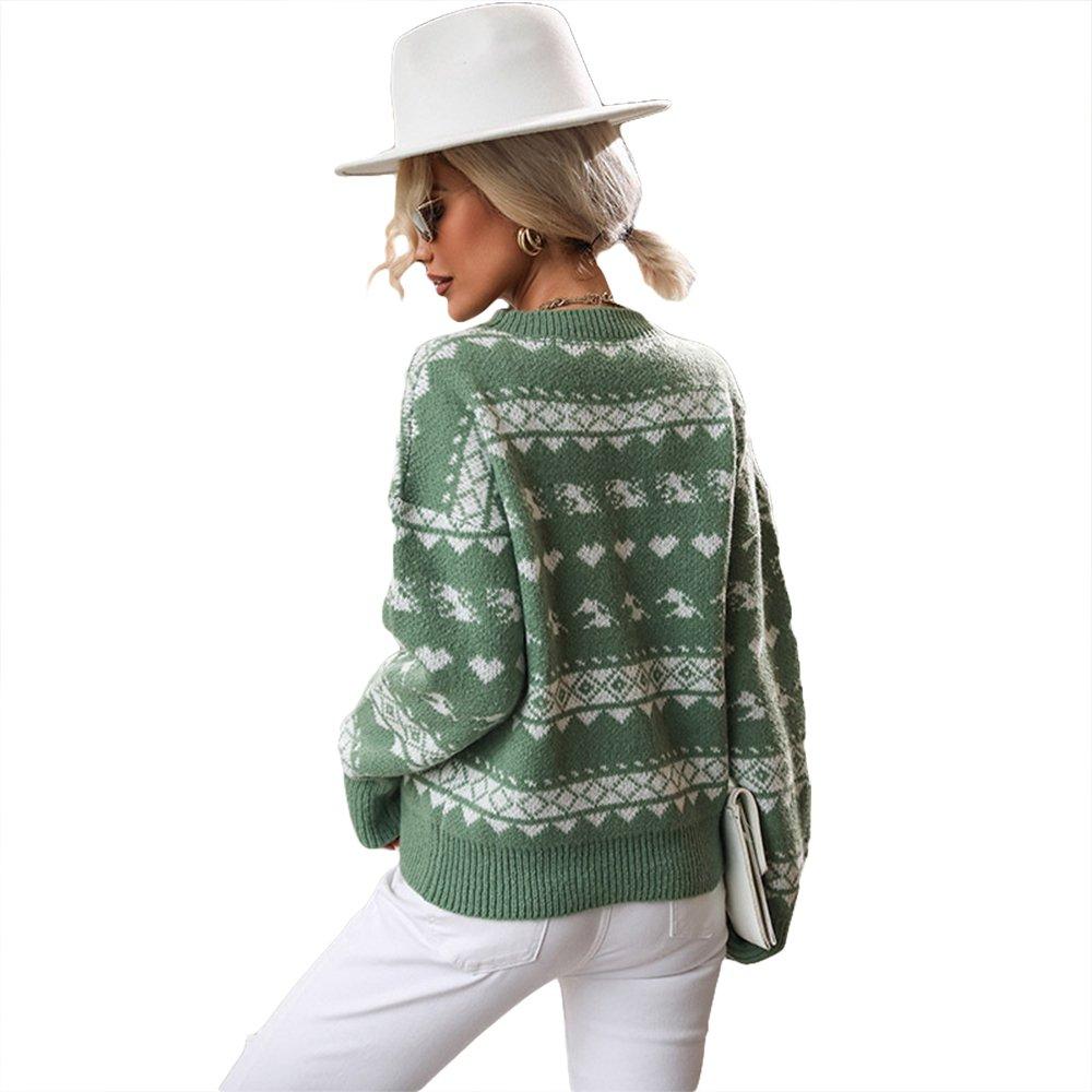 Women Ugly Christmas Sweaters Green Round Neck Pullover Jacquard Top