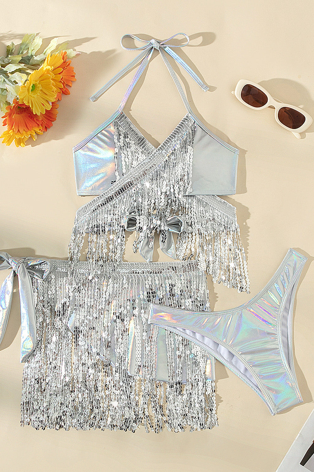 Two-Piece Swimsuit Three-Piece Set Flash Fabric Tassel Bikini