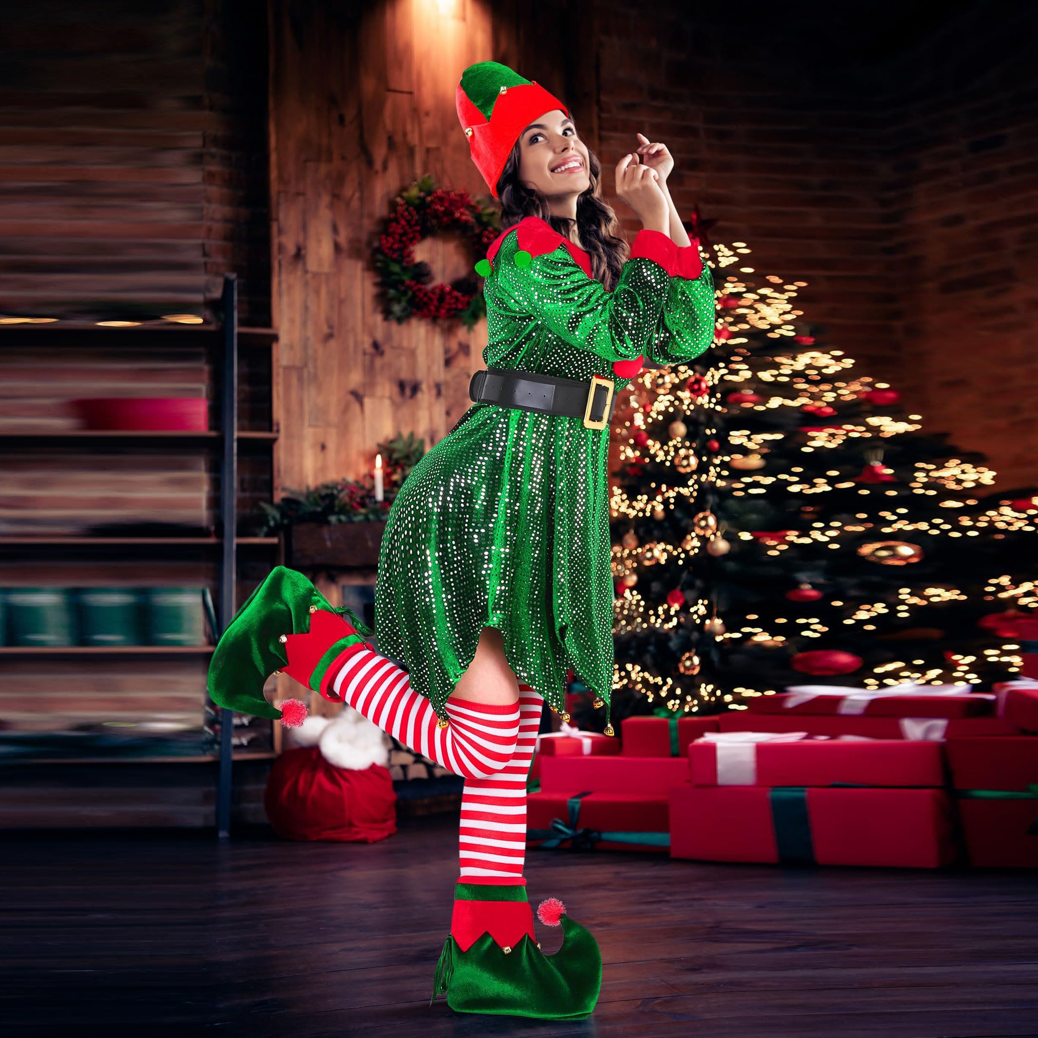 Women Christmas Elf Costume Dress 5pcs Set