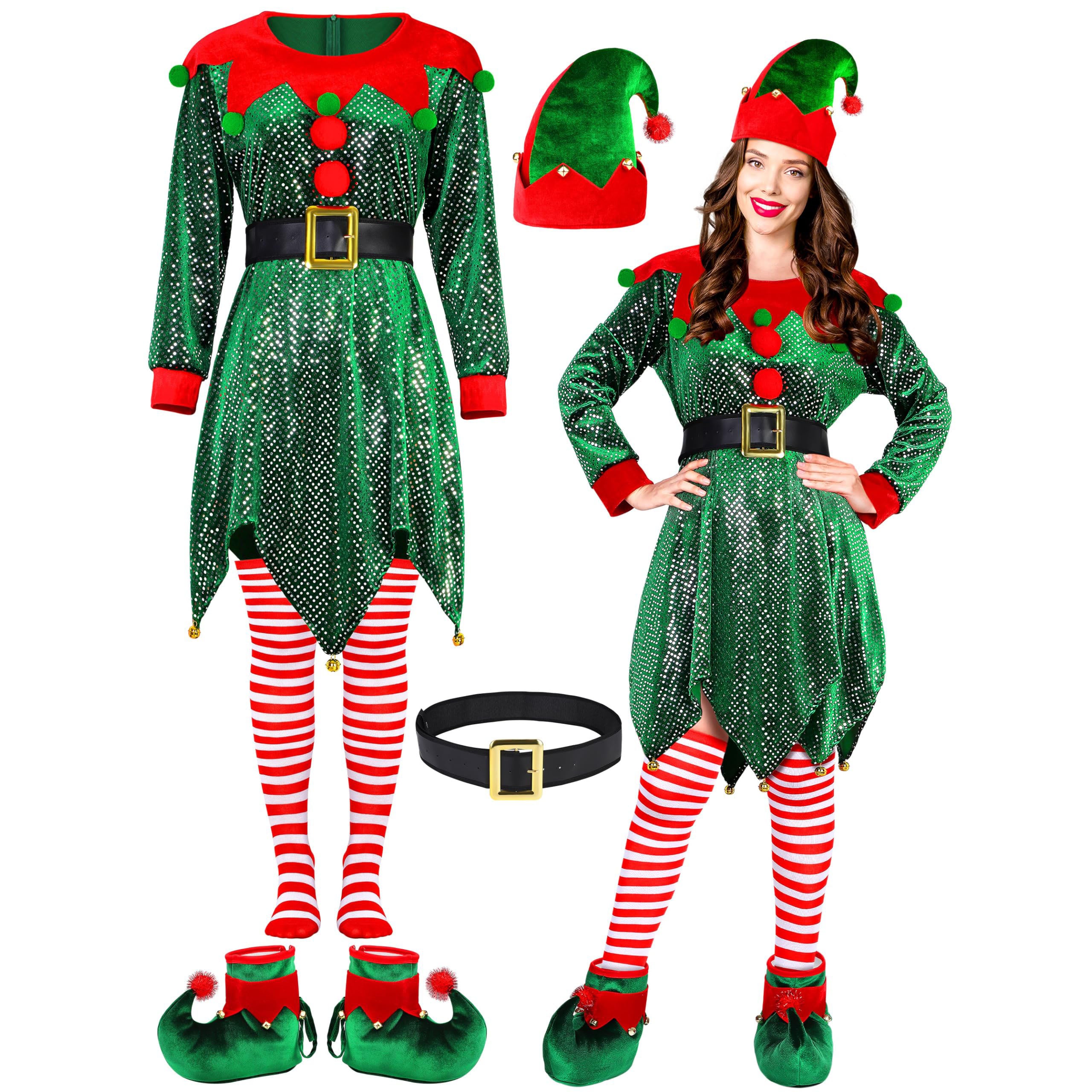 Women Christmas Elf Costume Dress 5pcs Set