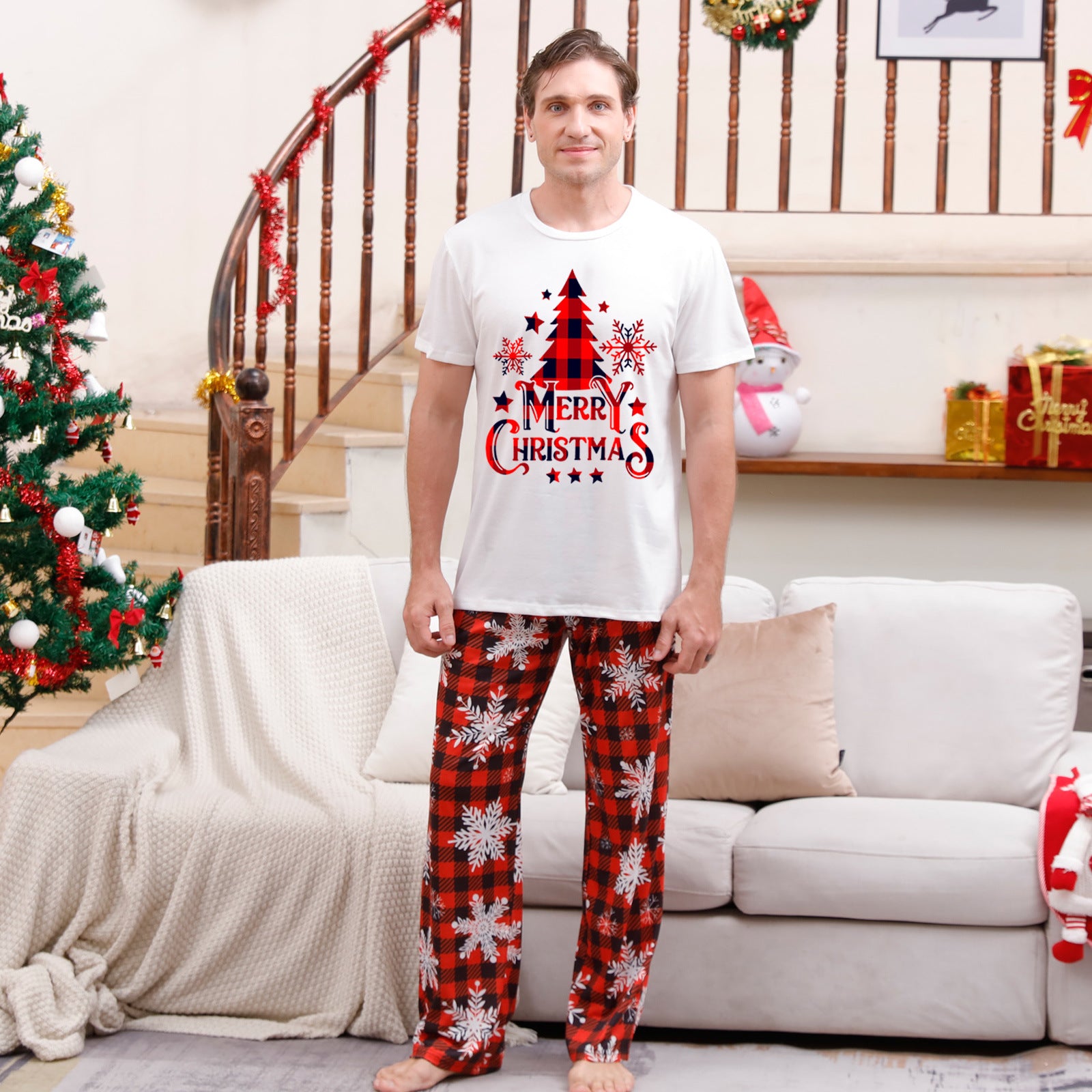 Family Matching Pajamas Christmas tree snowflakes Red Black plaid print Sets - Ciclove