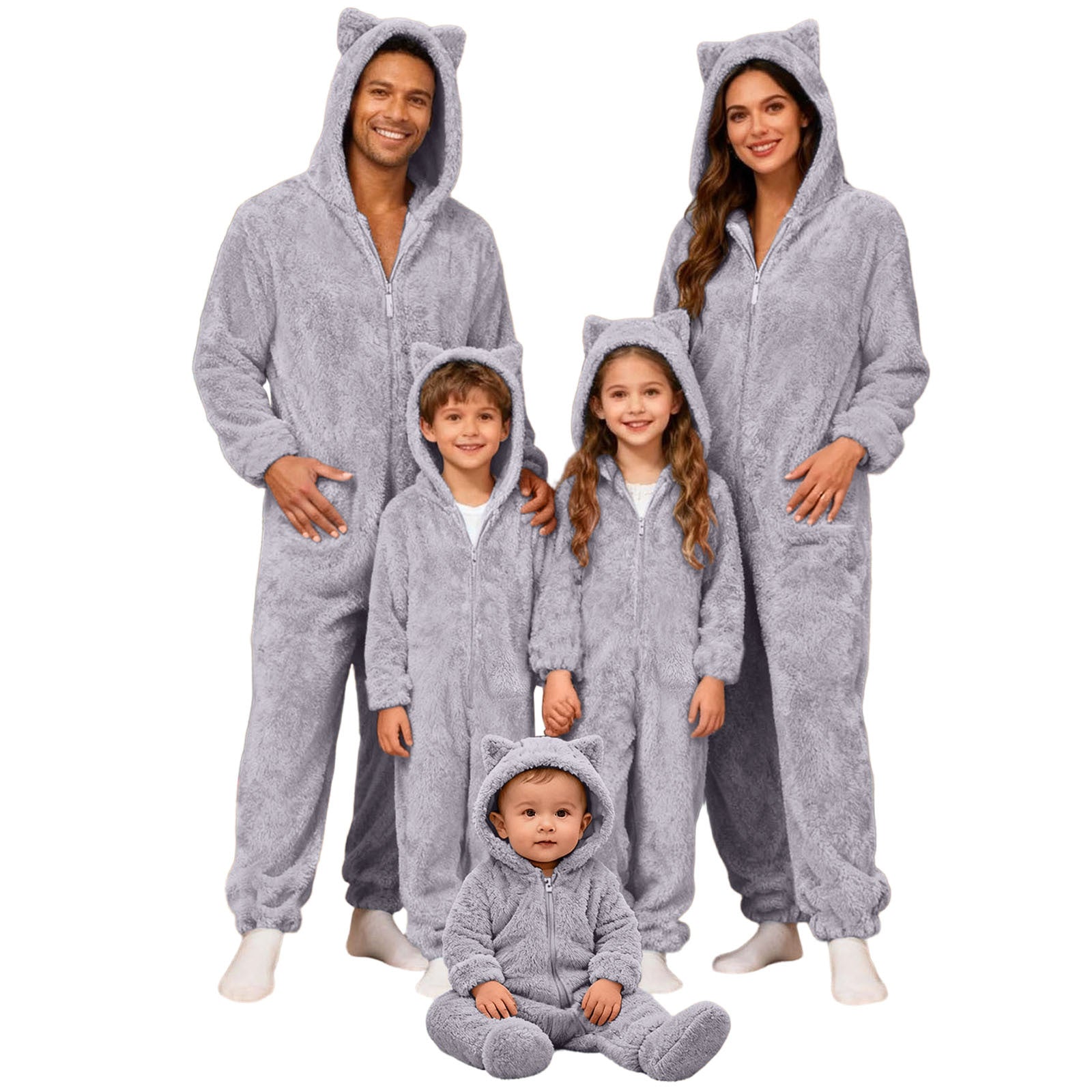 Family Matching Christmas Onesie Adults Pajamas Xmas Ears Hoodies Rompers Flannel Jumpsuit - Ciclove