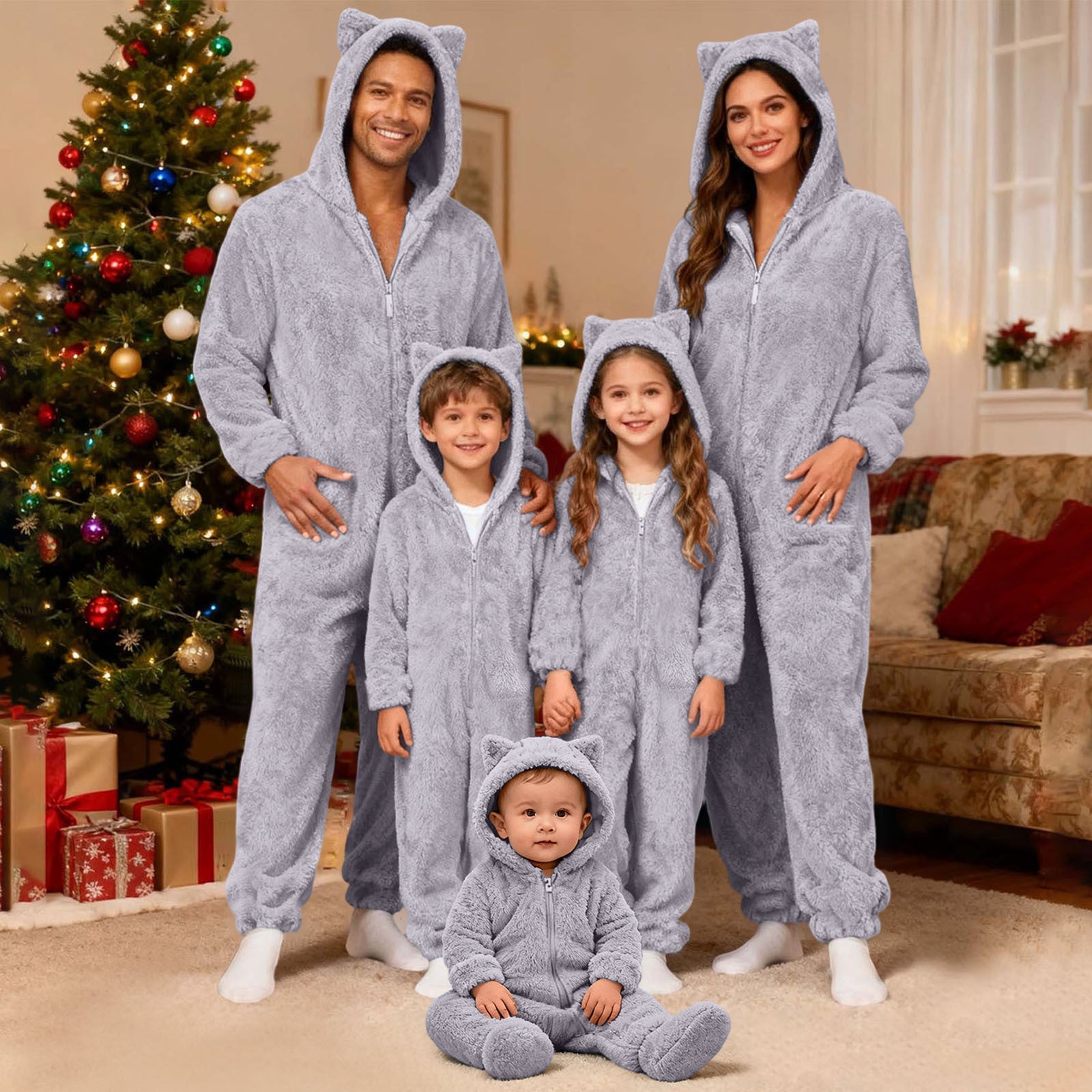 Family Matching Christmas Onesie Adults Pajamas Xmas Ears Hoodies Rompers Flannel Jumpsuit - Ciclove