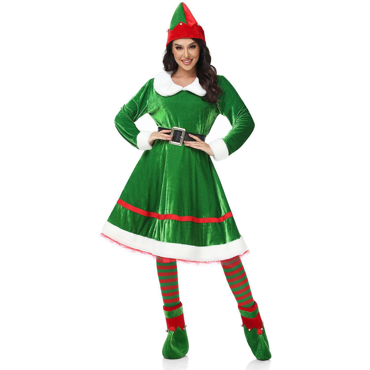 Women Christmas Elf Costume Set Velvet Dress Belt Striped - Ciclove