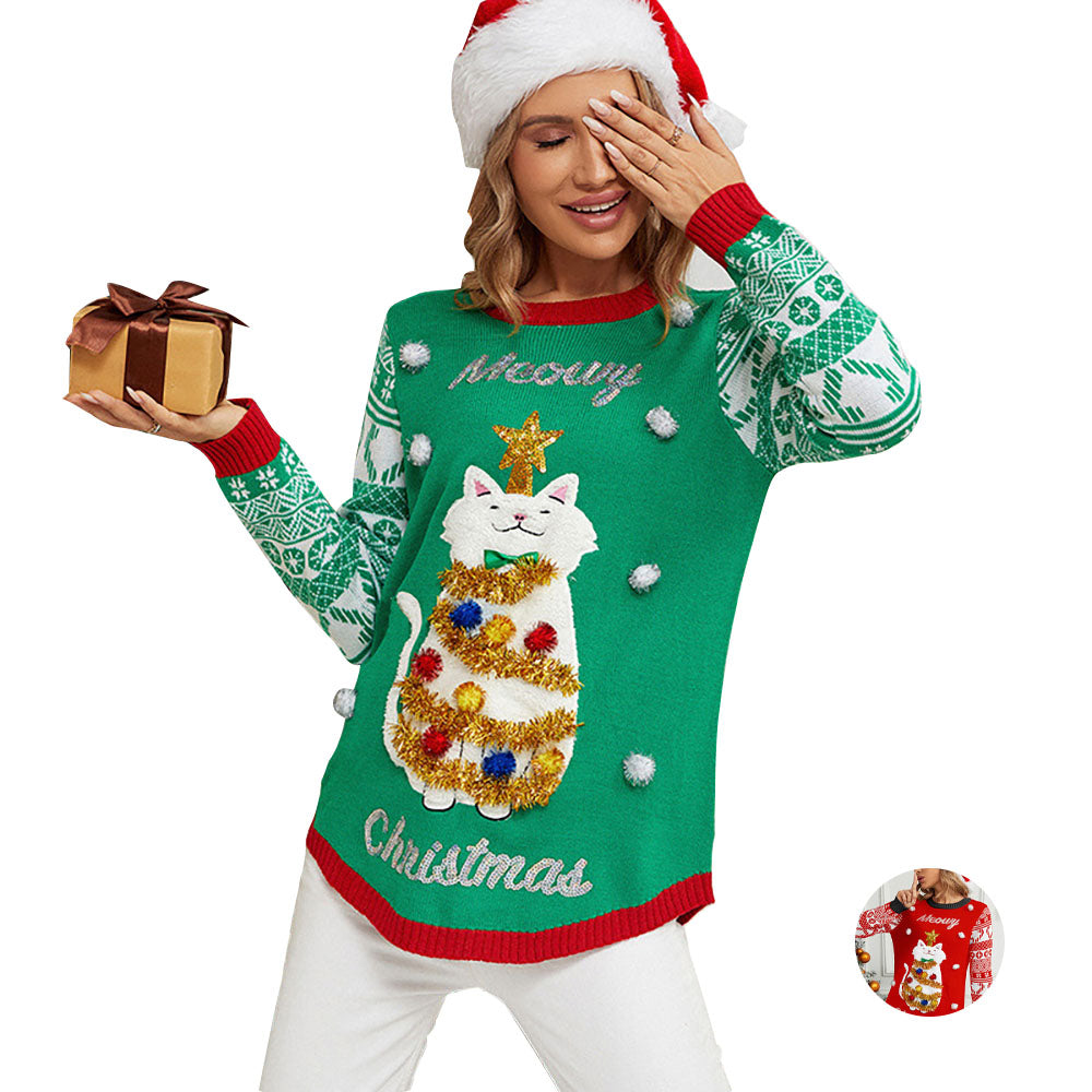 ugly women christmas Santa Claus Sweater Funny Kitten Embroidery - Ciclove