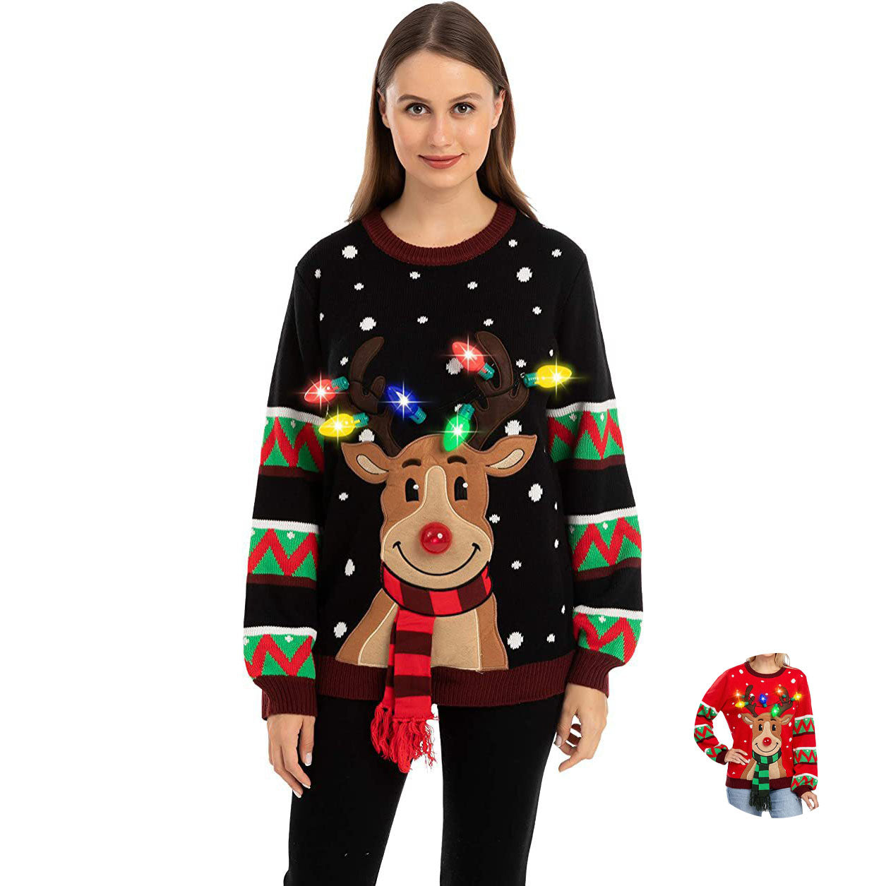 ugly women christmas Claus Sweater Funny Elk With LED lights - Ciclove