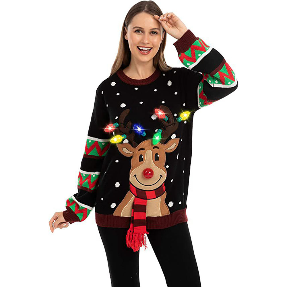 ugly women christmas Claus Sweater Funny Elk With LED lights - Ciclove