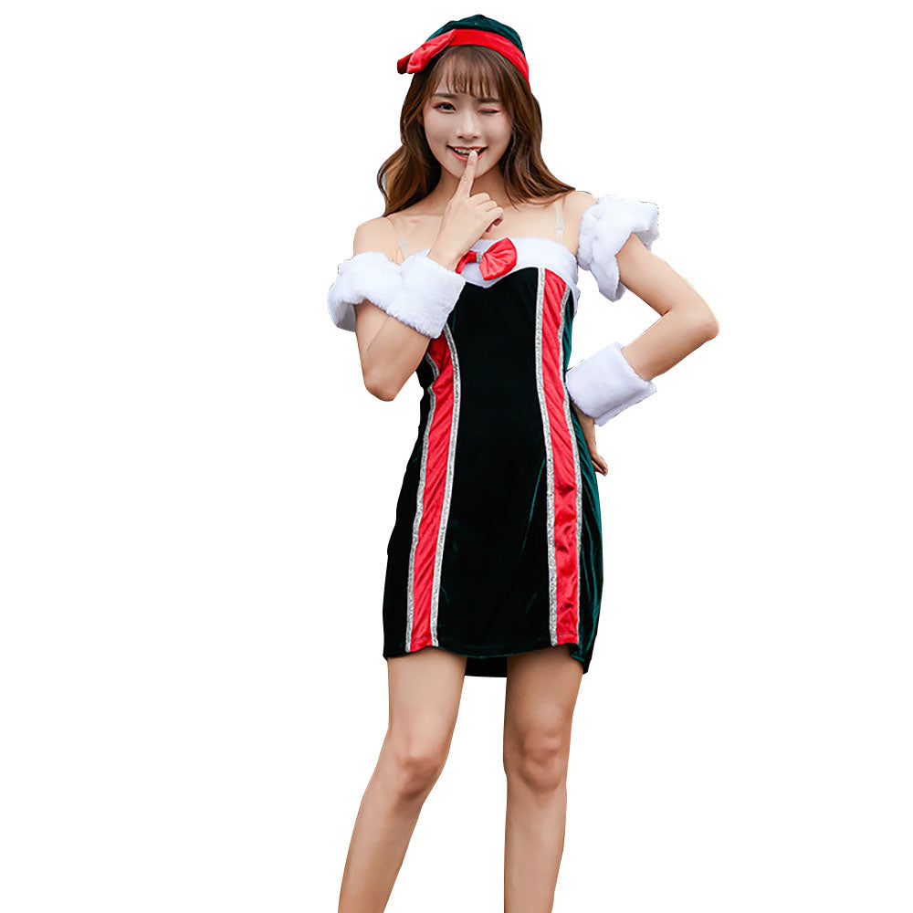 Christmas 1960s Strapless Velvet Fur Trim Bow Dress Set - Ciclove