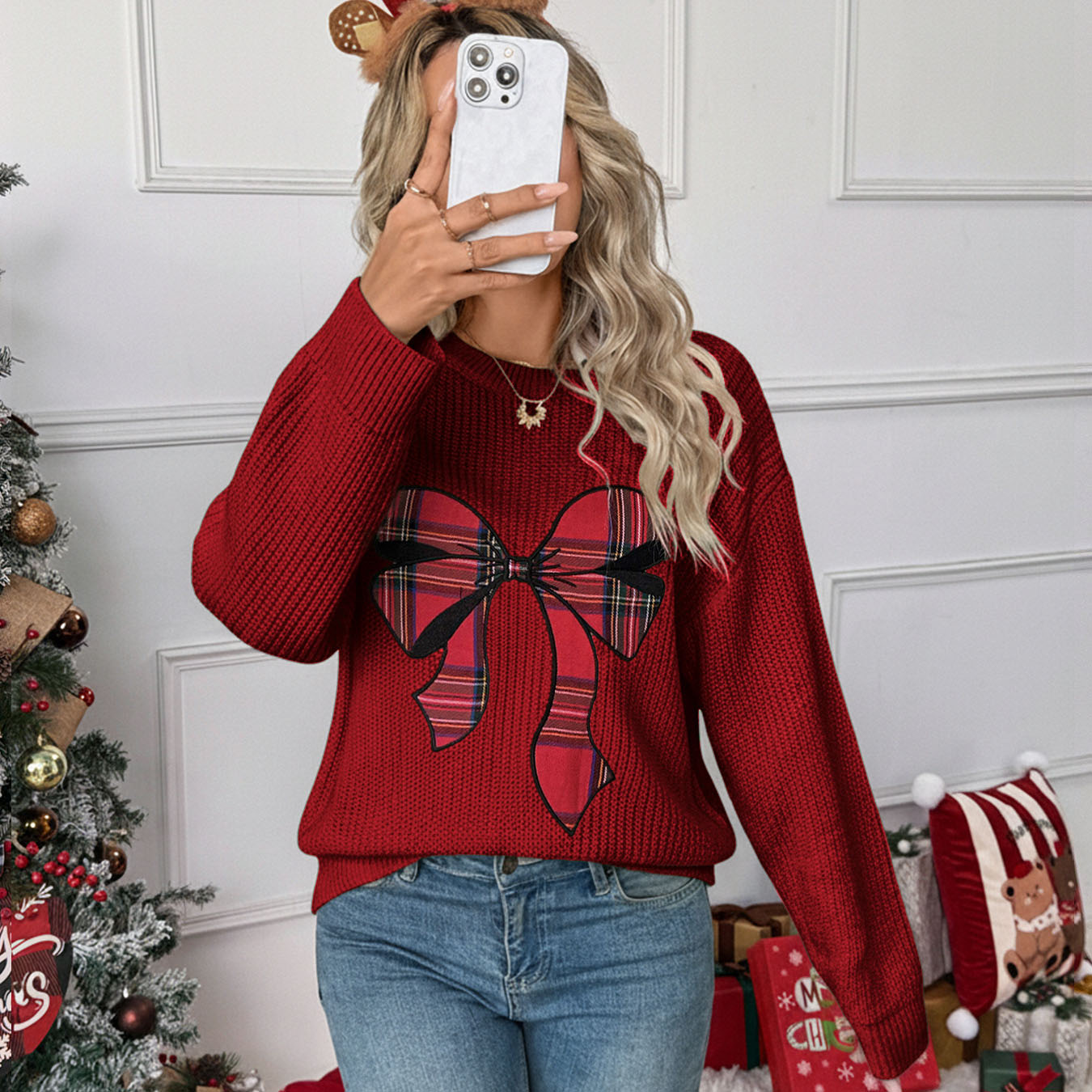 Ugly Christmas Sweaters 1980s Plaid Bow Round Neck Sweater - Ciclove