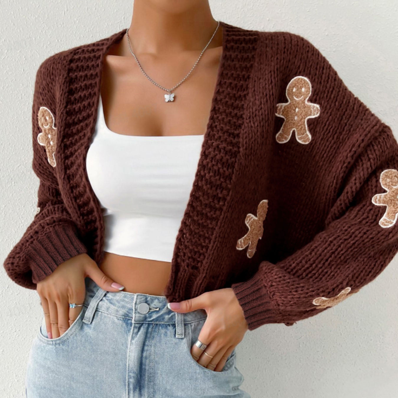 Brown 1960s Gingerbread Cropped Ugly Christmas Sweater Cardigan - Ciclove