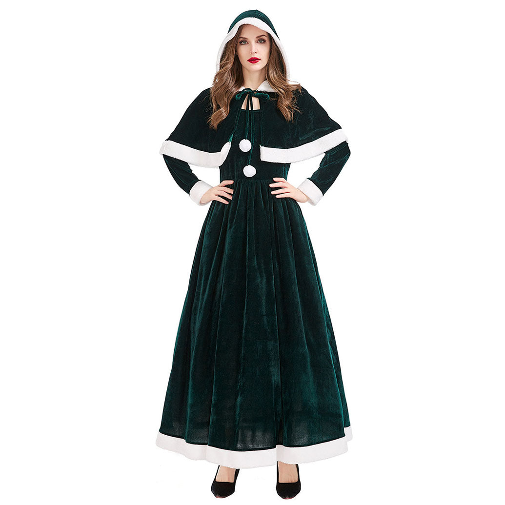 Red Green 1930s Christmas Mrs. Santa Claus Velvet Costumes Dress with Cape - Ciclove