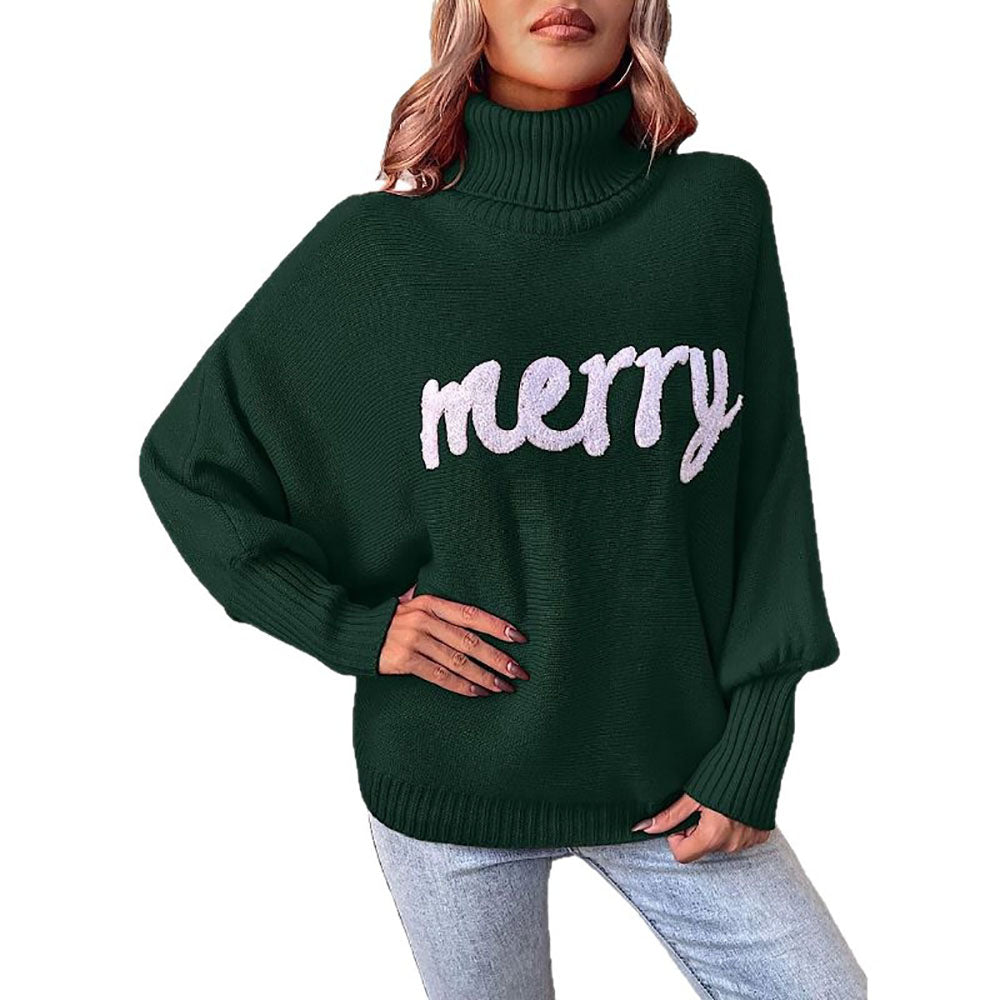 Red Ugly Christmas Sweaters Merry Print Turtleneck Sweater - Ciclove
