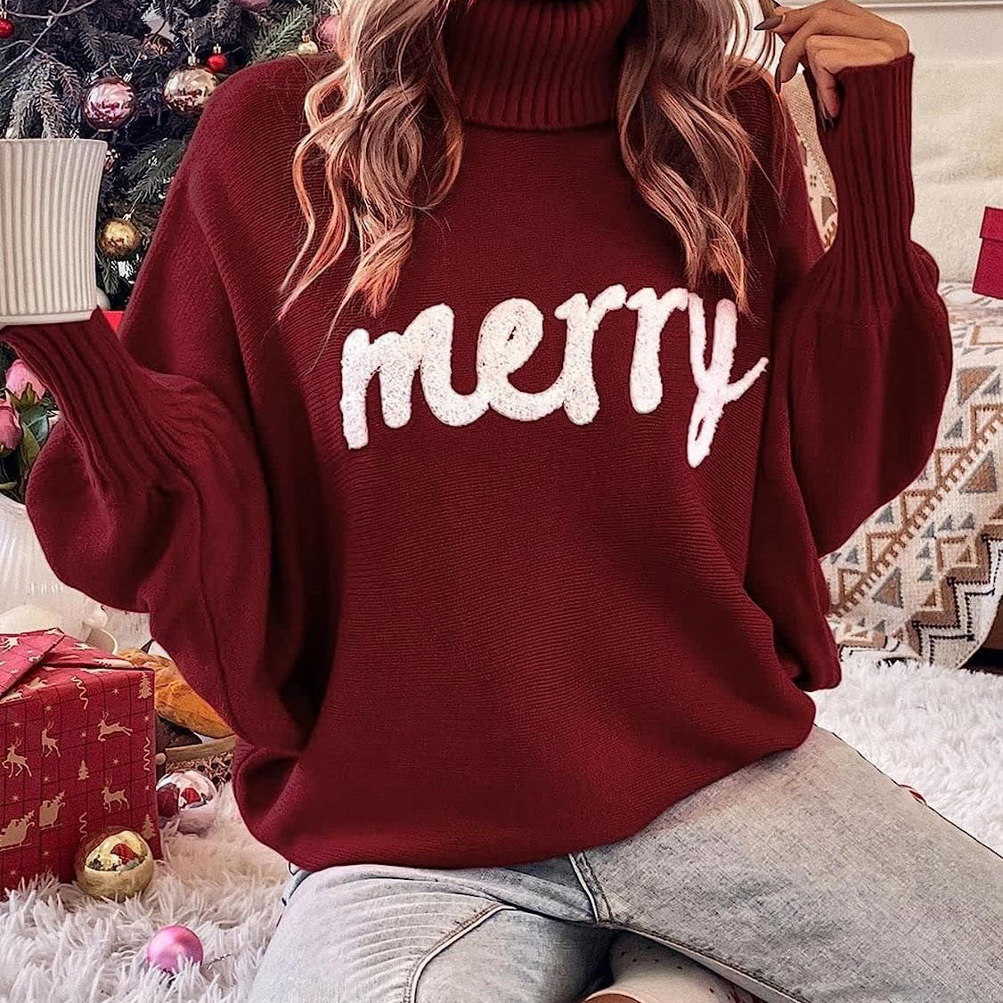 Red Ugly Christmas Sweaters Merry Print Turtleneck Sweater - Ciclove