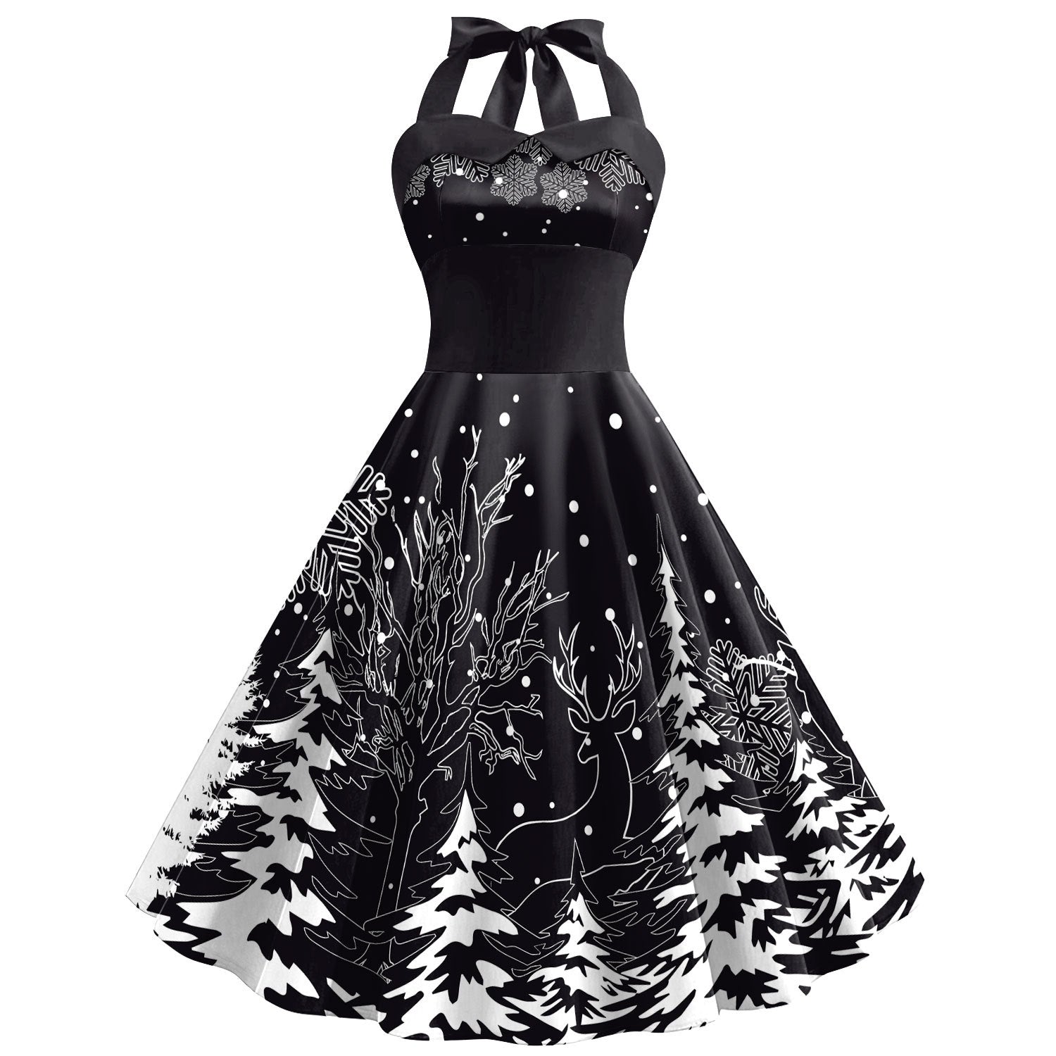 Christmas Black 1950s Snowflake Print Halter Swing Dress - Ciclove