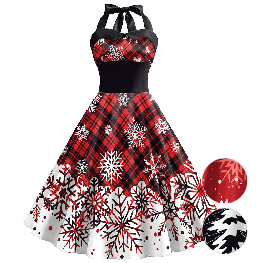 Christmas Black 1950s Snowflake Print Halter Swing Dress - Ciclove