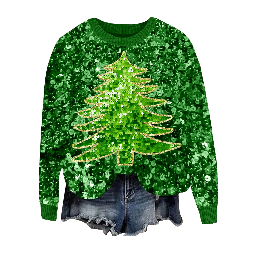 Women's Glitter Christmas Tree Sequin Embroidered Cozy Sweater - Ciclove