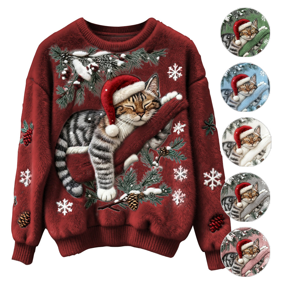 Ugly Women's Christmas Cat Comfortable Crew Neck Sweater - Ciclove