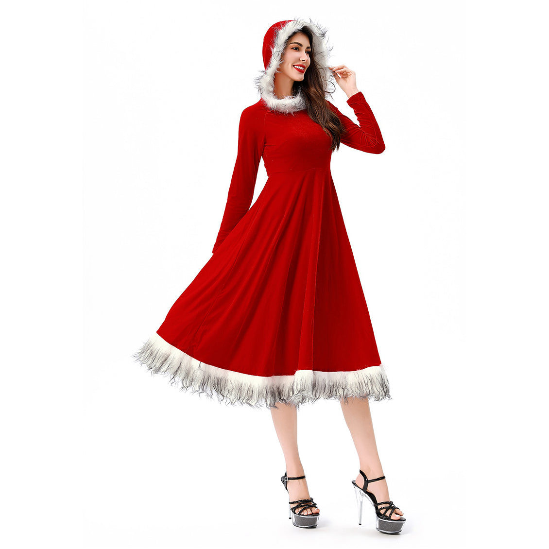 Christmas Red 1970s Christmas Fur Costumes Hooded Dress - Ciclove