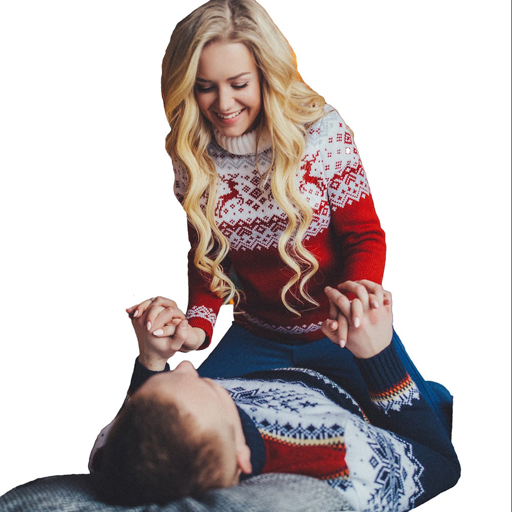 Couple Ugly Christmas Sweaters Loose Long Sleeve Printed Turtleneck Tops