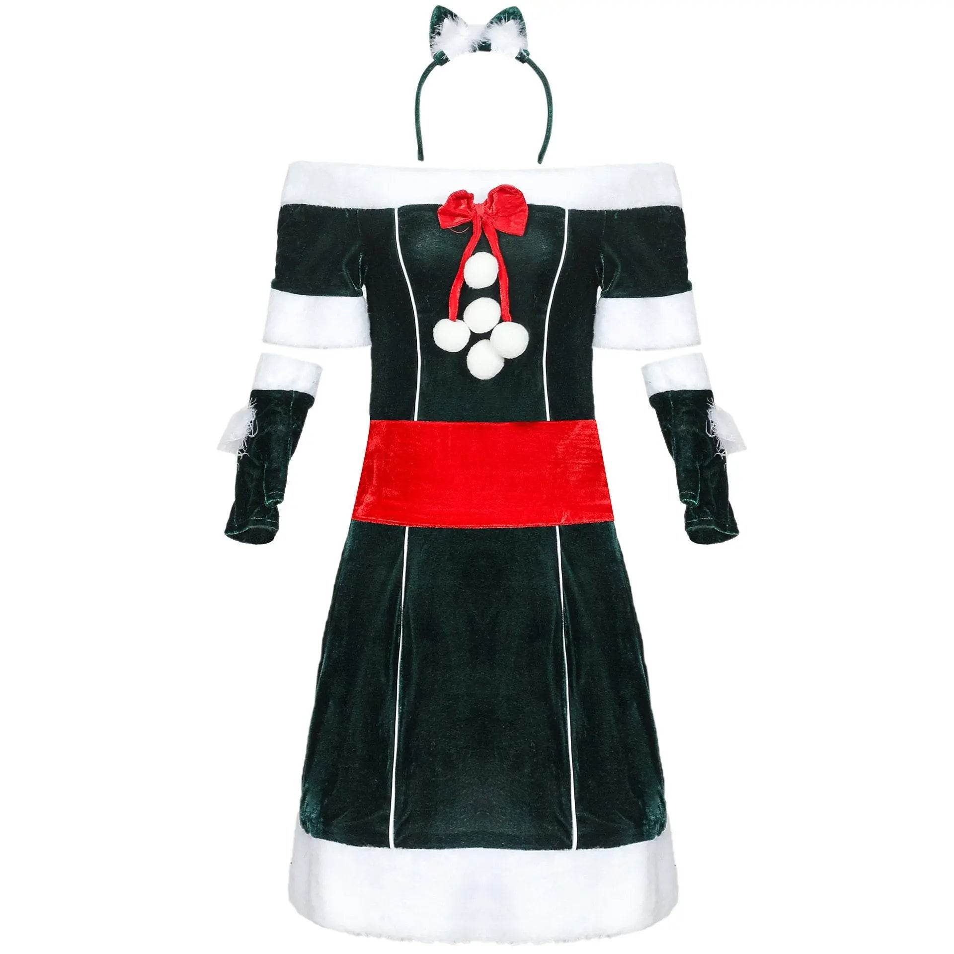Christmas Off Shoulder Cute Cat Costumes Party Dress - ciclove