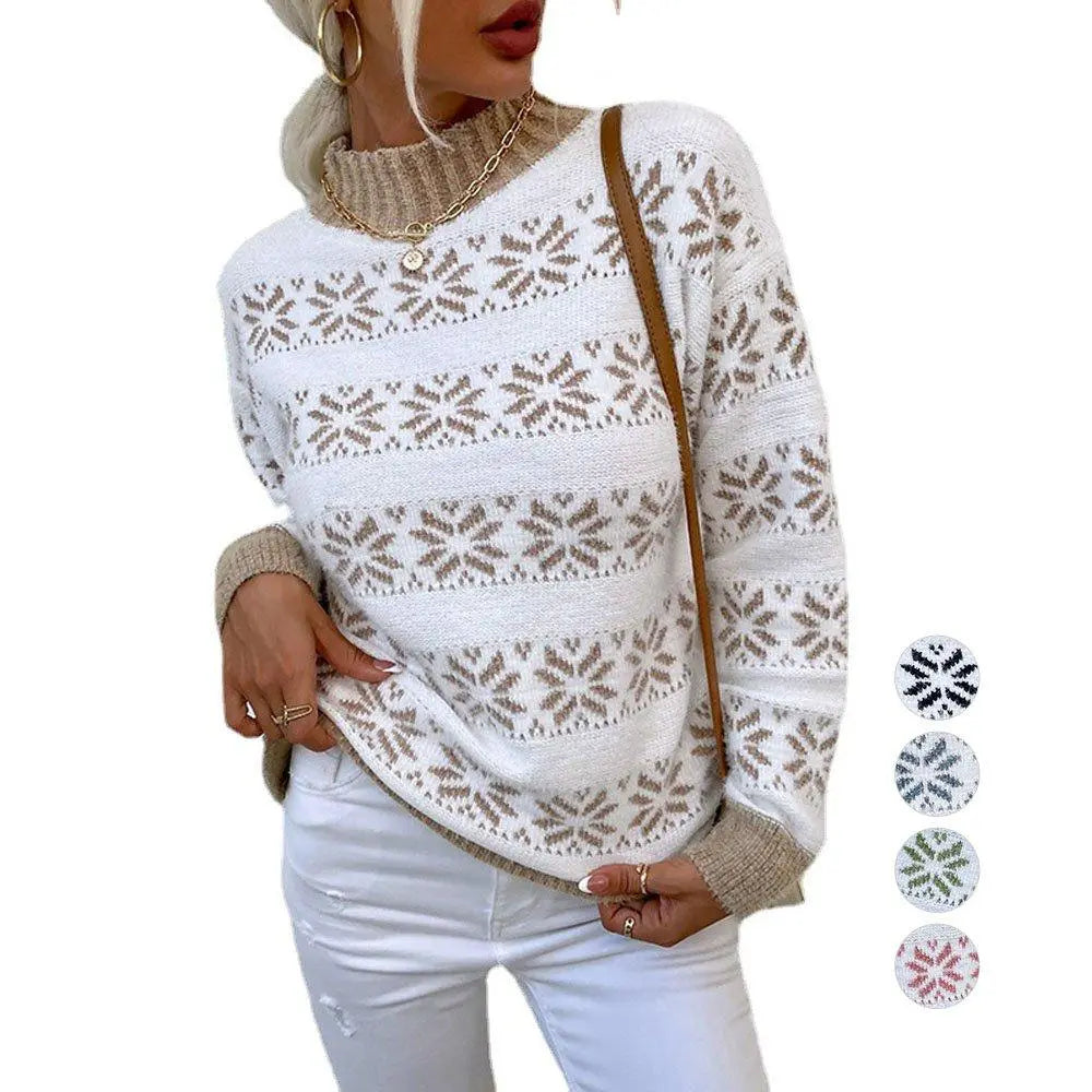 Women Ugly Christmas Sweaters Snowflakes Long Sleeve Half Turtleneck Knit Pullover Tops|?PAJAMASBUY