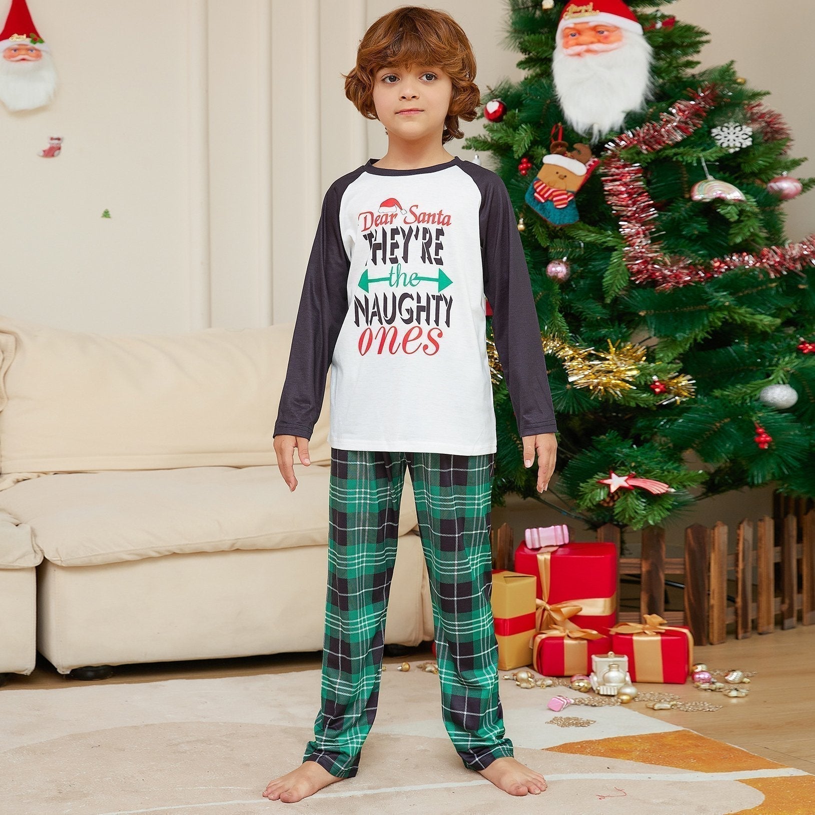 BuyChristmas Letters Green Plaid Print Family Couples Matching Pajamas Party Sets Now Cheaper With 3 - 5 Days Ship - PajamasBuy