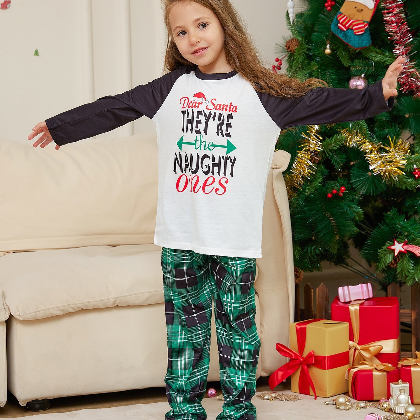 BuyChristmas Letters Green Plaid Print Family Couples Matching Pajamas Party Sets Now Cheaper With 3 - 5 Days Ship - PajamasBuy