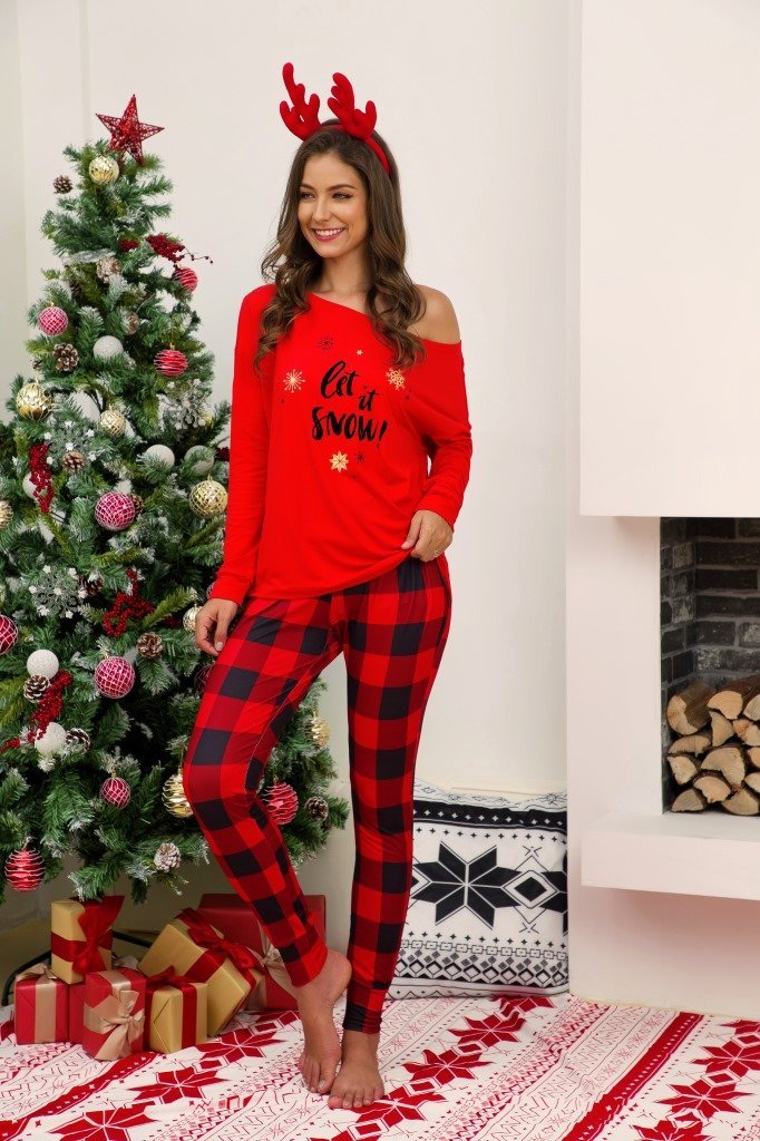 2022 Christmas Pajamas Printed Oblique Shoulder Tops Plaid Pants Casual Suit Women