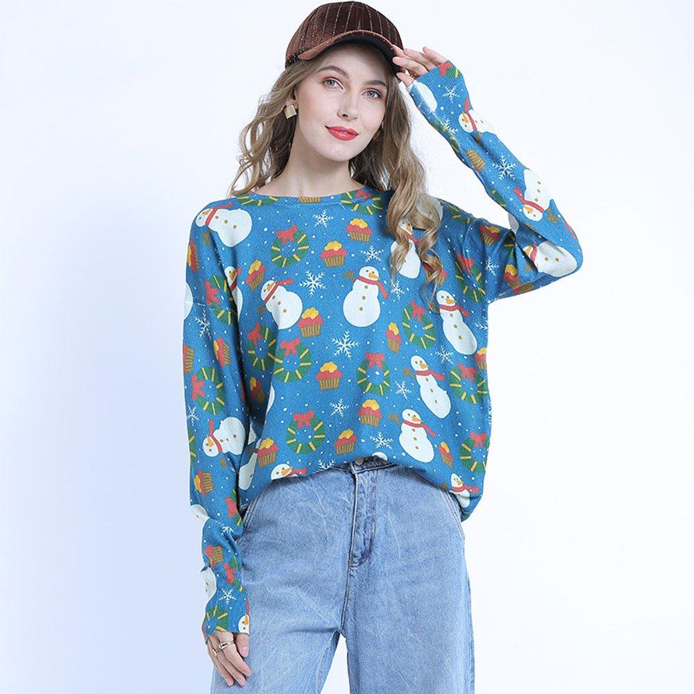 Women Ugly Christmas Sweaters Snowman Print Long Sleeve Pullover Loose Sweater