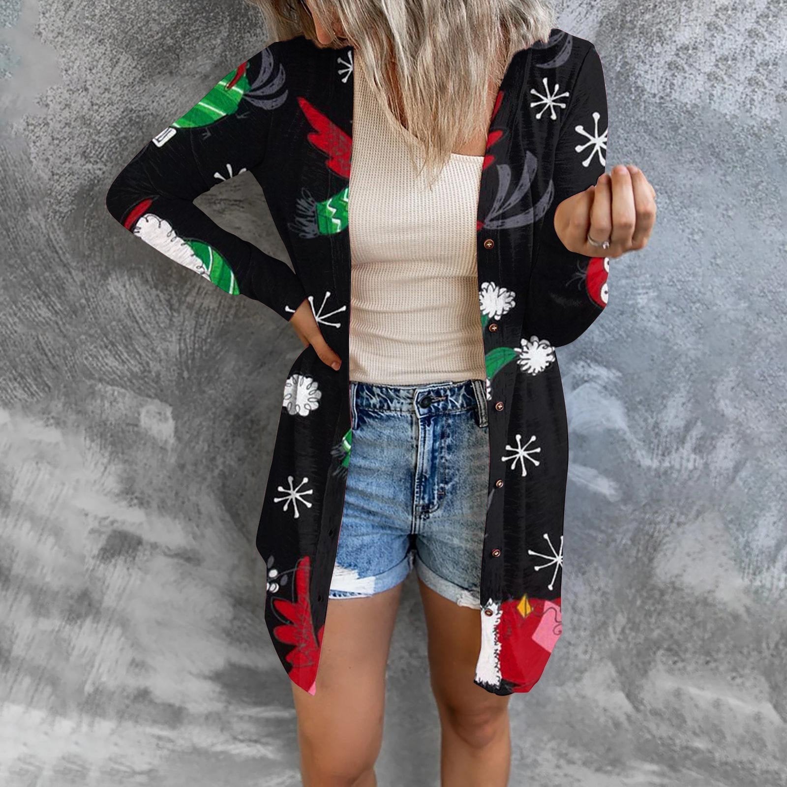 Christmas Print Fashion Button Long-sleeved Button Cardigan Women