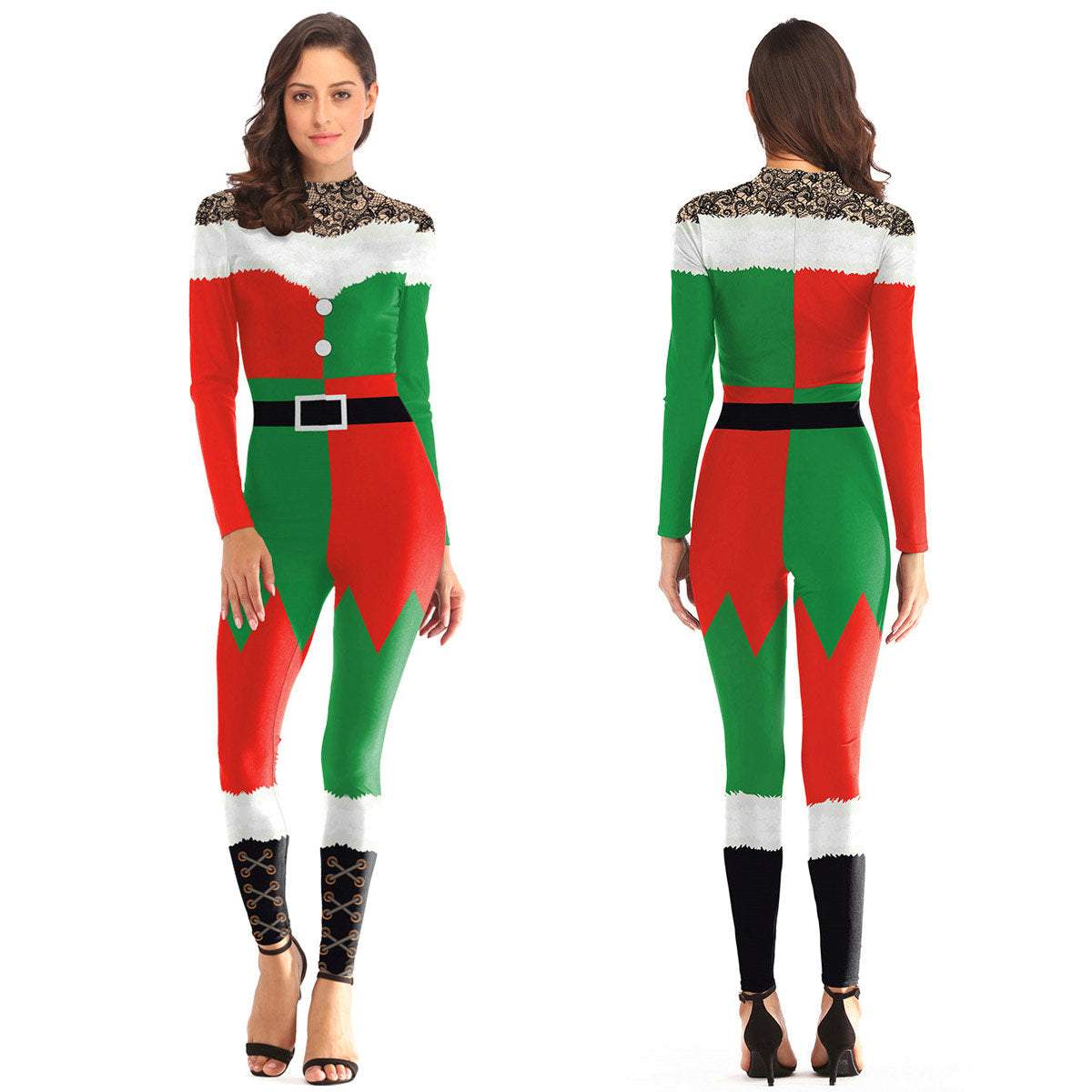 Women Christmas Santa Costume Party Digital Printed Bodysuit Jumpsuit