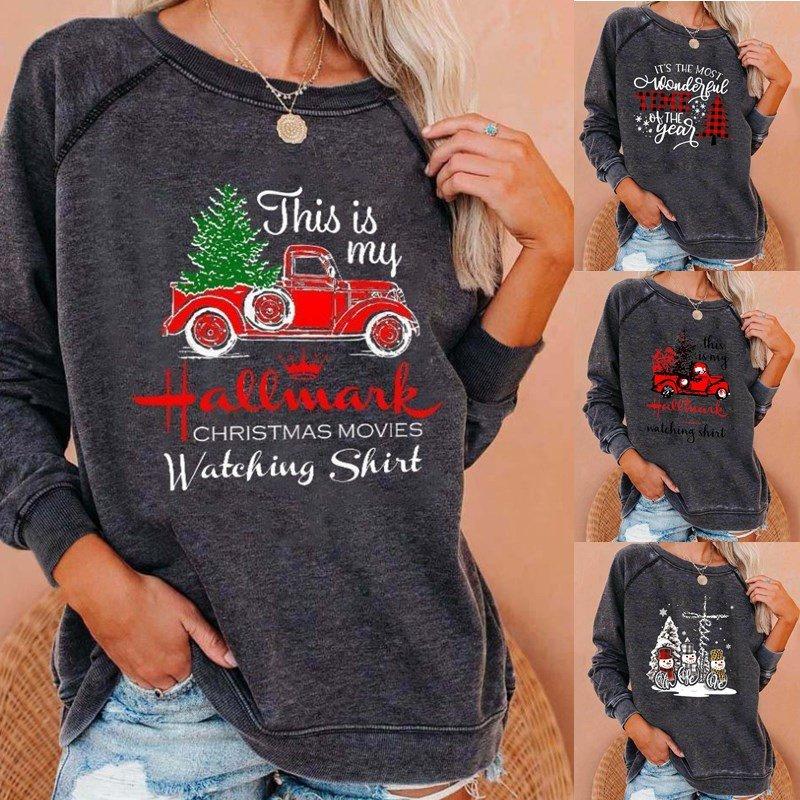 Christmas Round Neck Sweater Printing Truck Gift  Women Christmas Sweatshirt