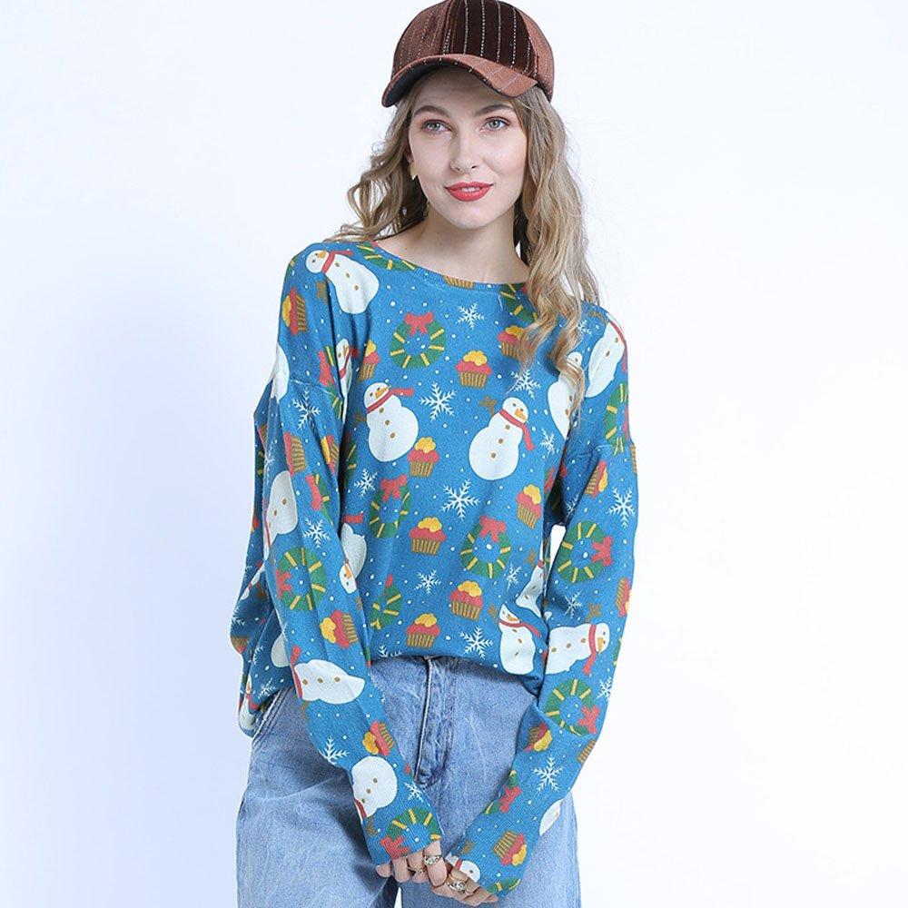 Women Ugly Christmas Sweaters Snowman Print Long Sleeve Pullover Loose Sweater