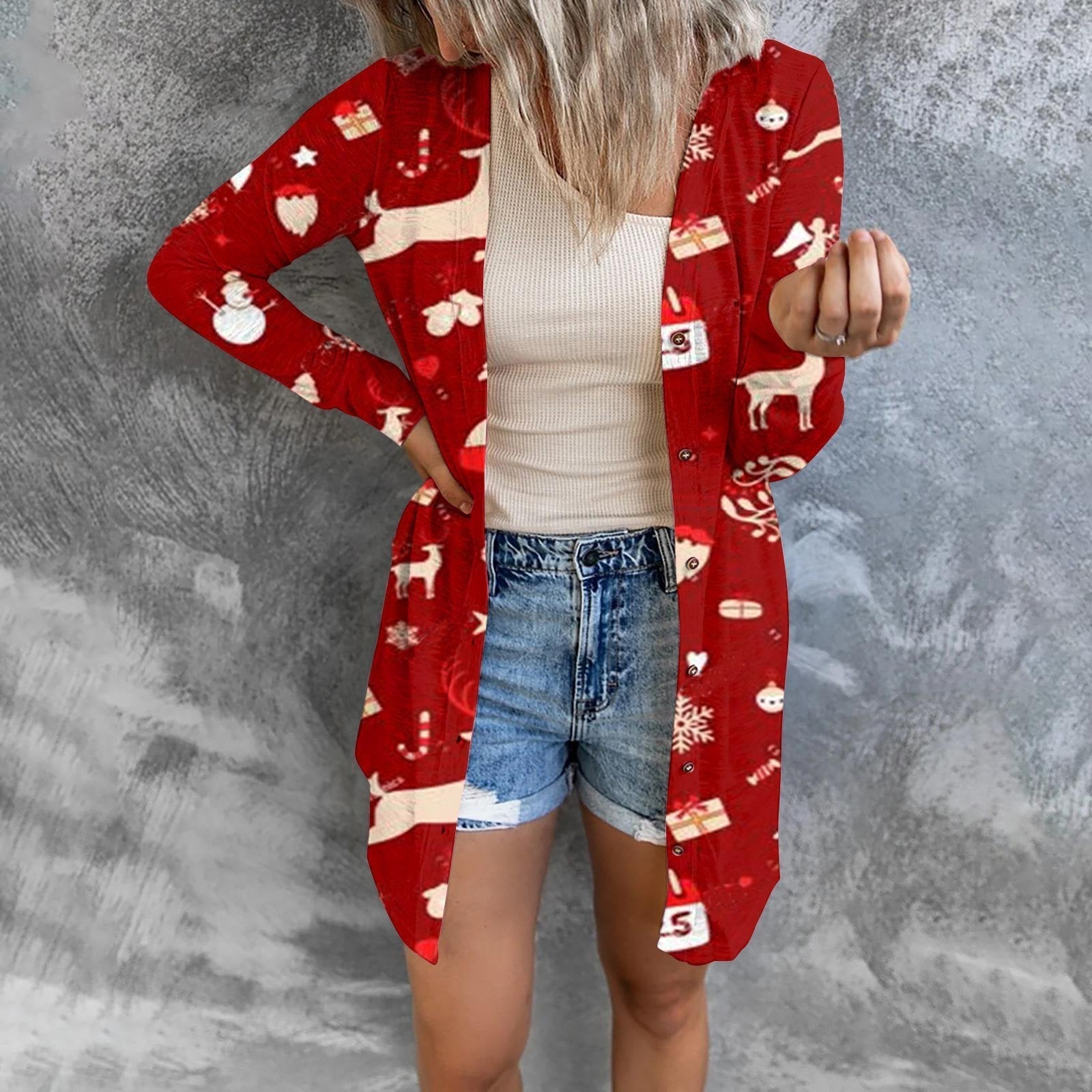 Christmas Print Fashion Button Long-sleeved Button Cardigan Women
