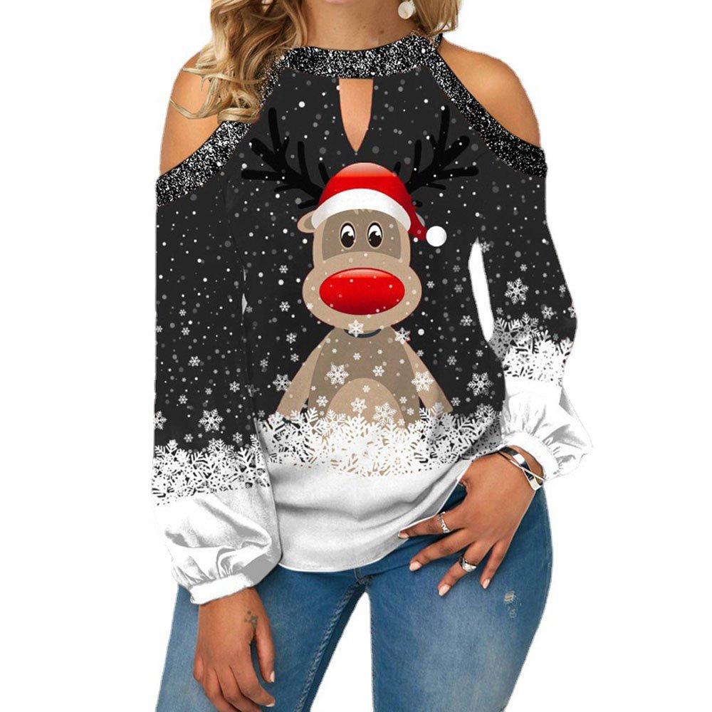 Christmas Women's Clothing Deer Print Sexy Off-shoulder Plus Size Blouse with Lantern Sleeves Sweatshirt