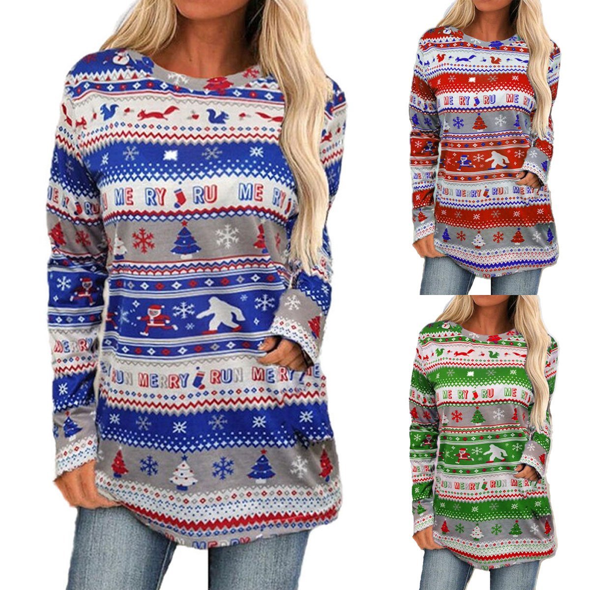 Christmas Sweater Women's Long-sleeved Loose Bottoming Santa Snowman Print Top