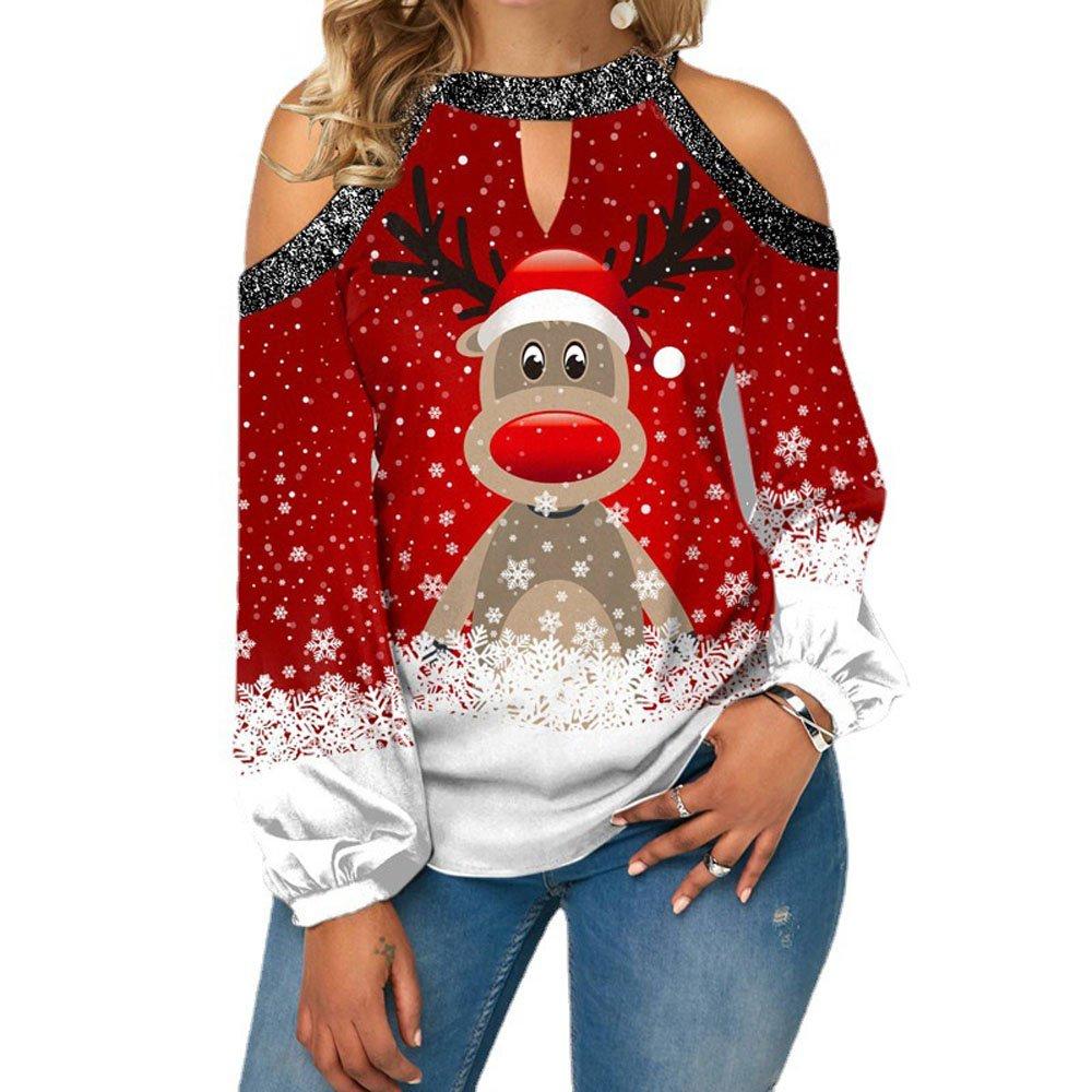 Christmas Women's Clothing Deer Print Sexy Off-shoulder Plus Size Blouse with Lantern Sleeves Sweatshirt