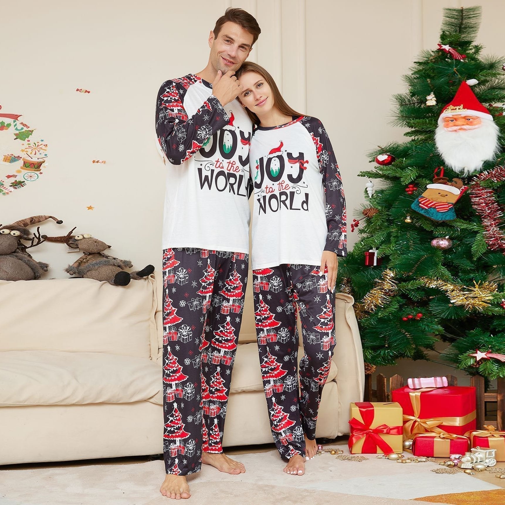 Cartoon Letters Christmas Tree Print Family Couples Matching Pajamas Party Sets - ciclove