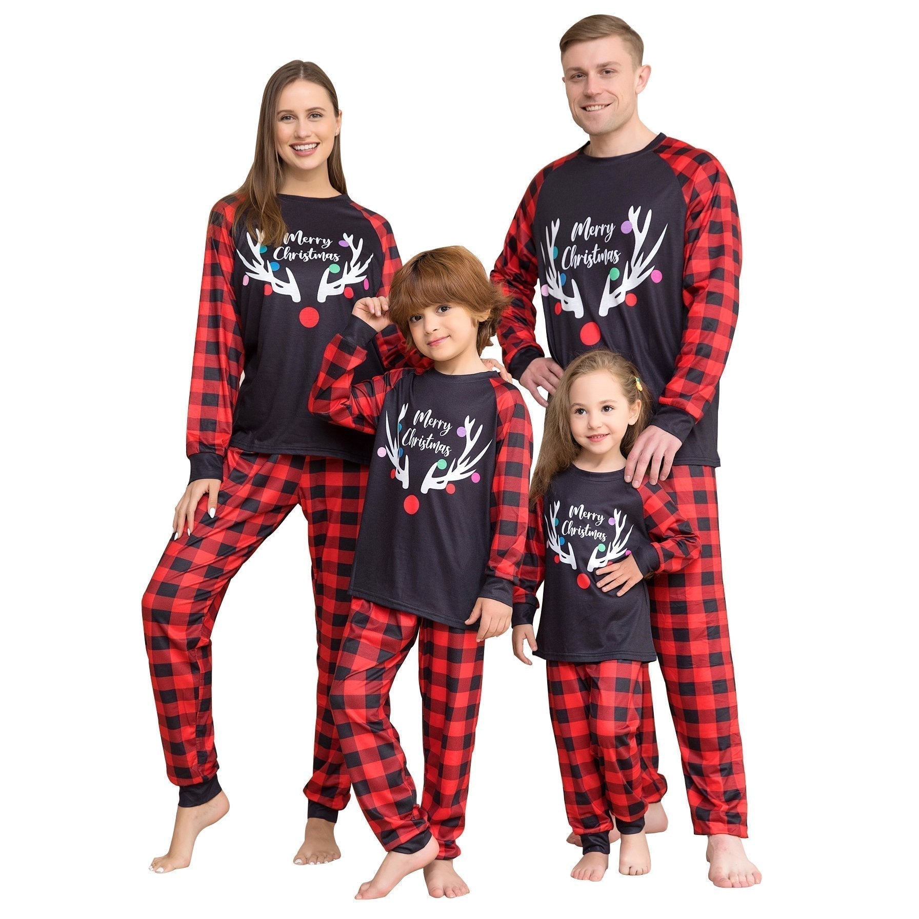 Christmas Deer Antler Print Plaid Family Couples Matching Pajamas Party Set - ciclove
