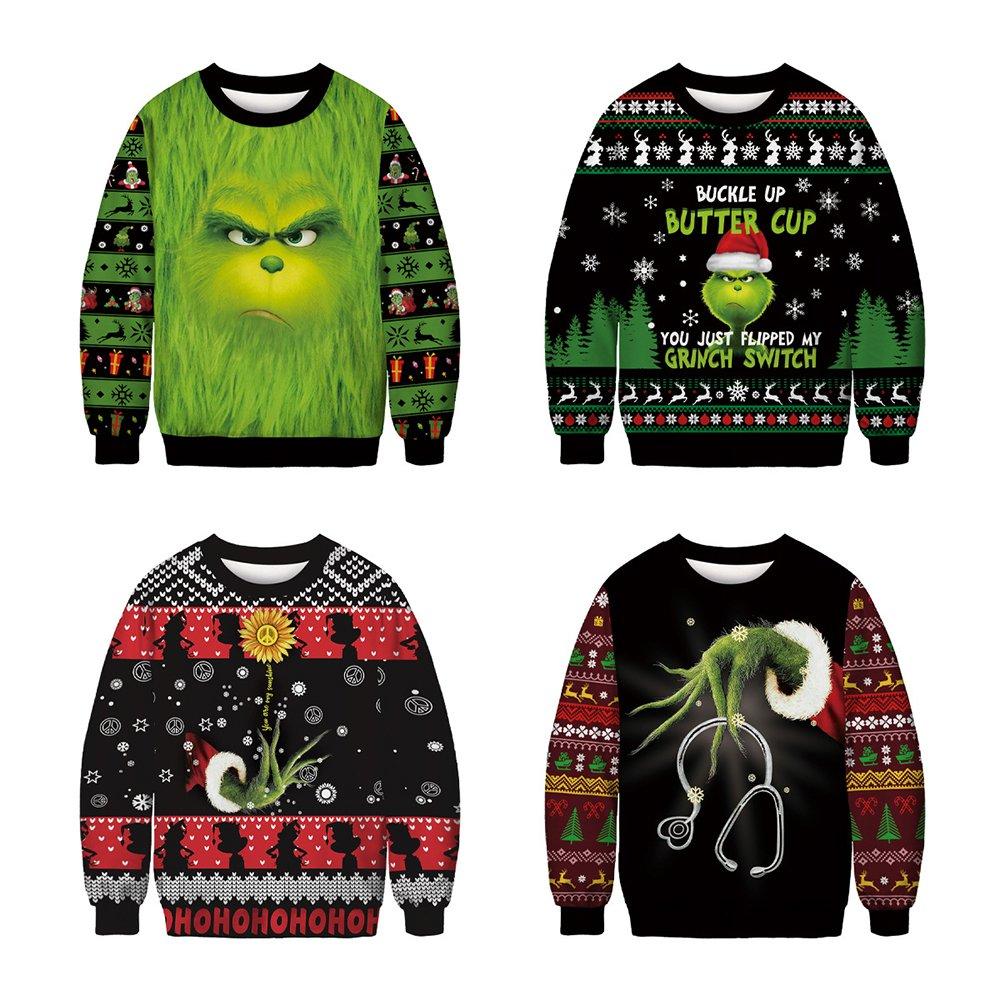 Grinch Cosplay Christmas Costume Printed Bottoming Crew Neck Top for Adult