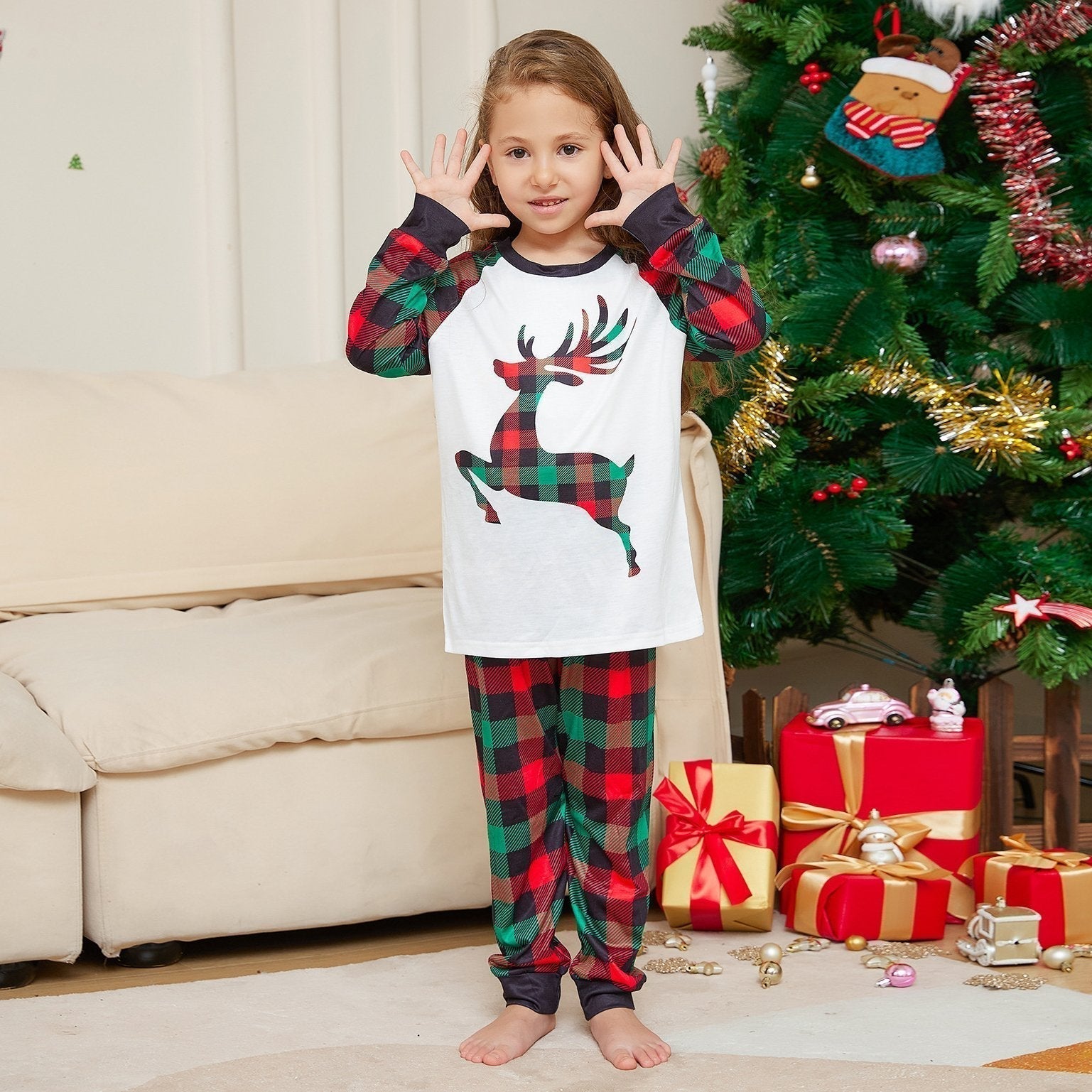 Elk Plaid Print Christmas Family Couples Matching Pajamas Party Sets - ciclove