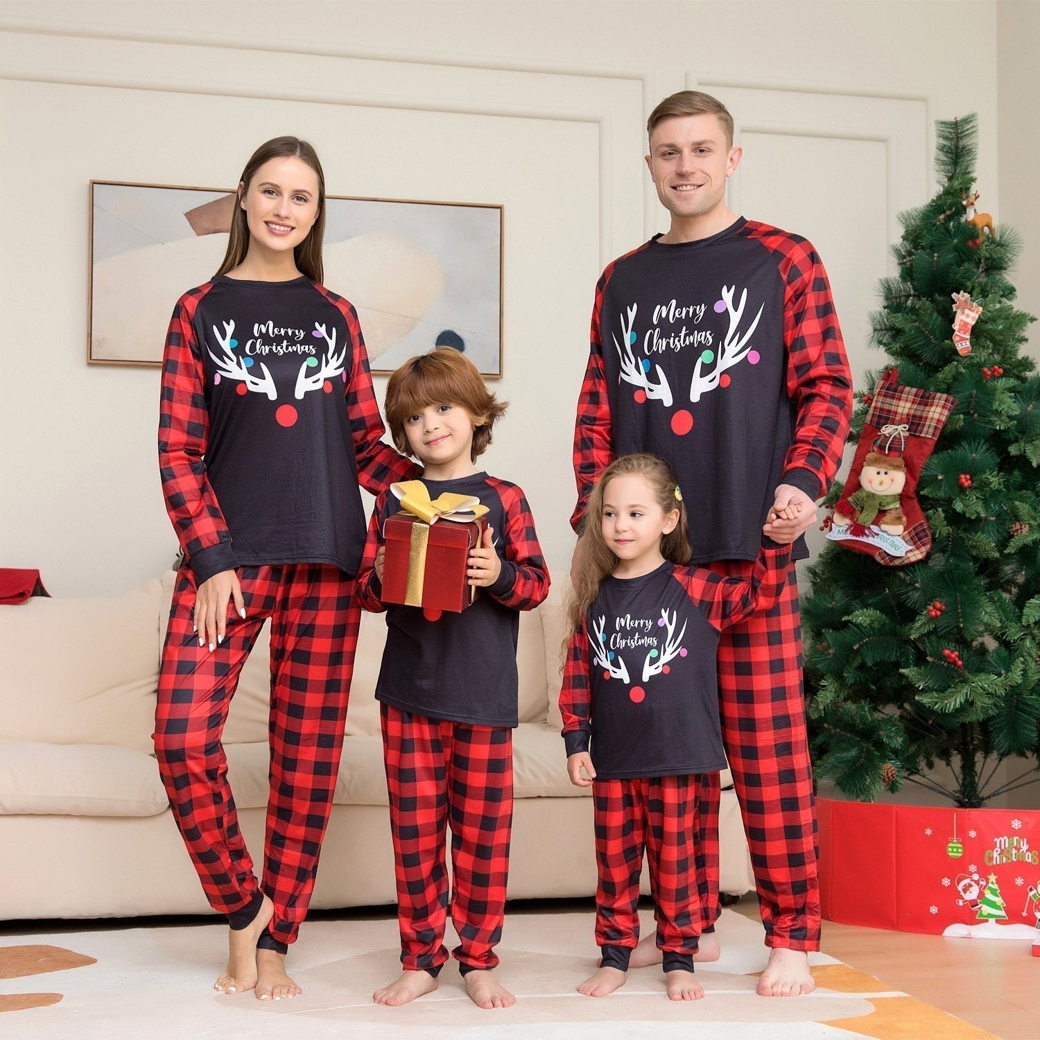 Christmas Deer Antler Print Plaid Family Couples Matching Pajamas Party Set - ciclove