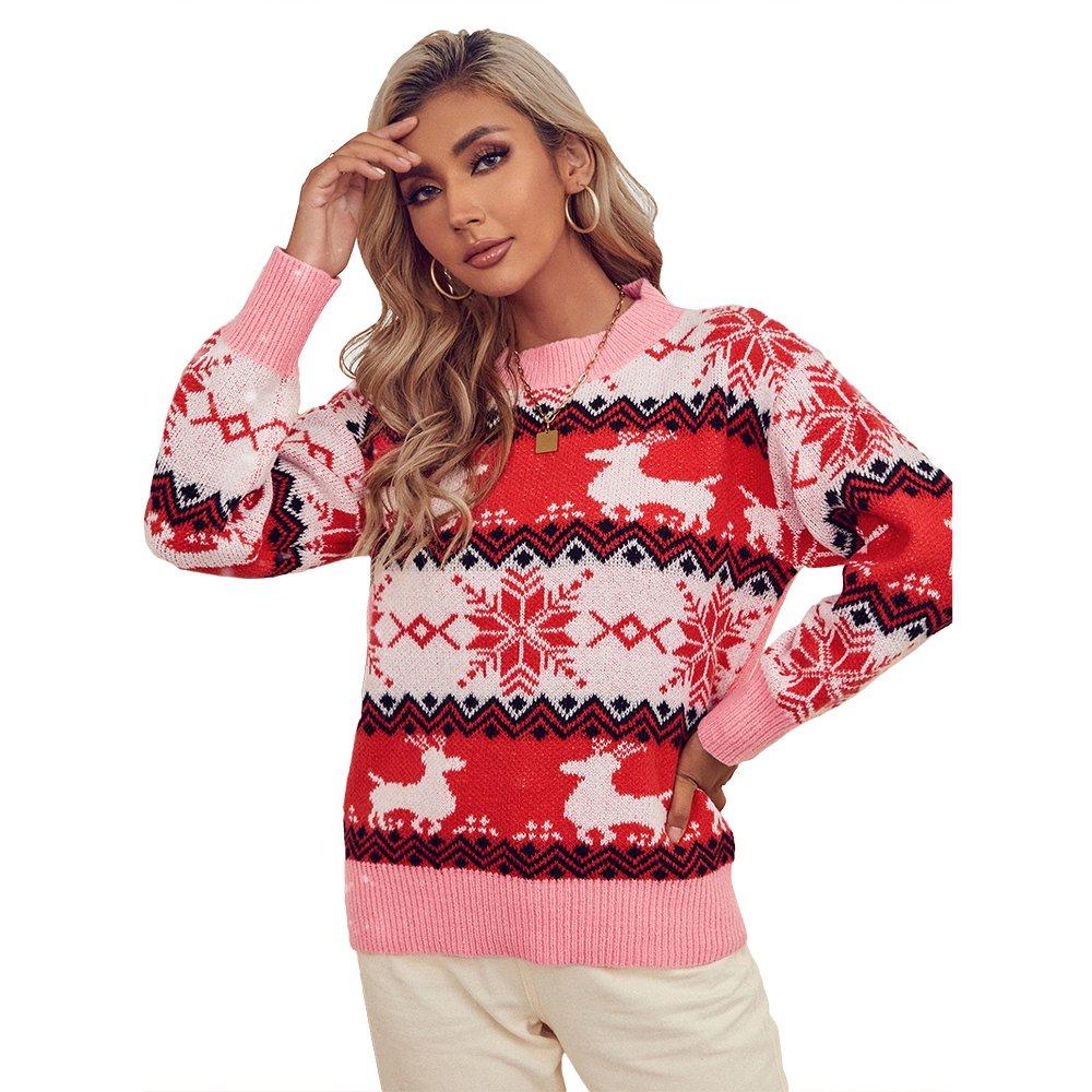 Women Ugly Christmas Sweaters Pink Round Neck Pullover Print Street Hipster Tops
